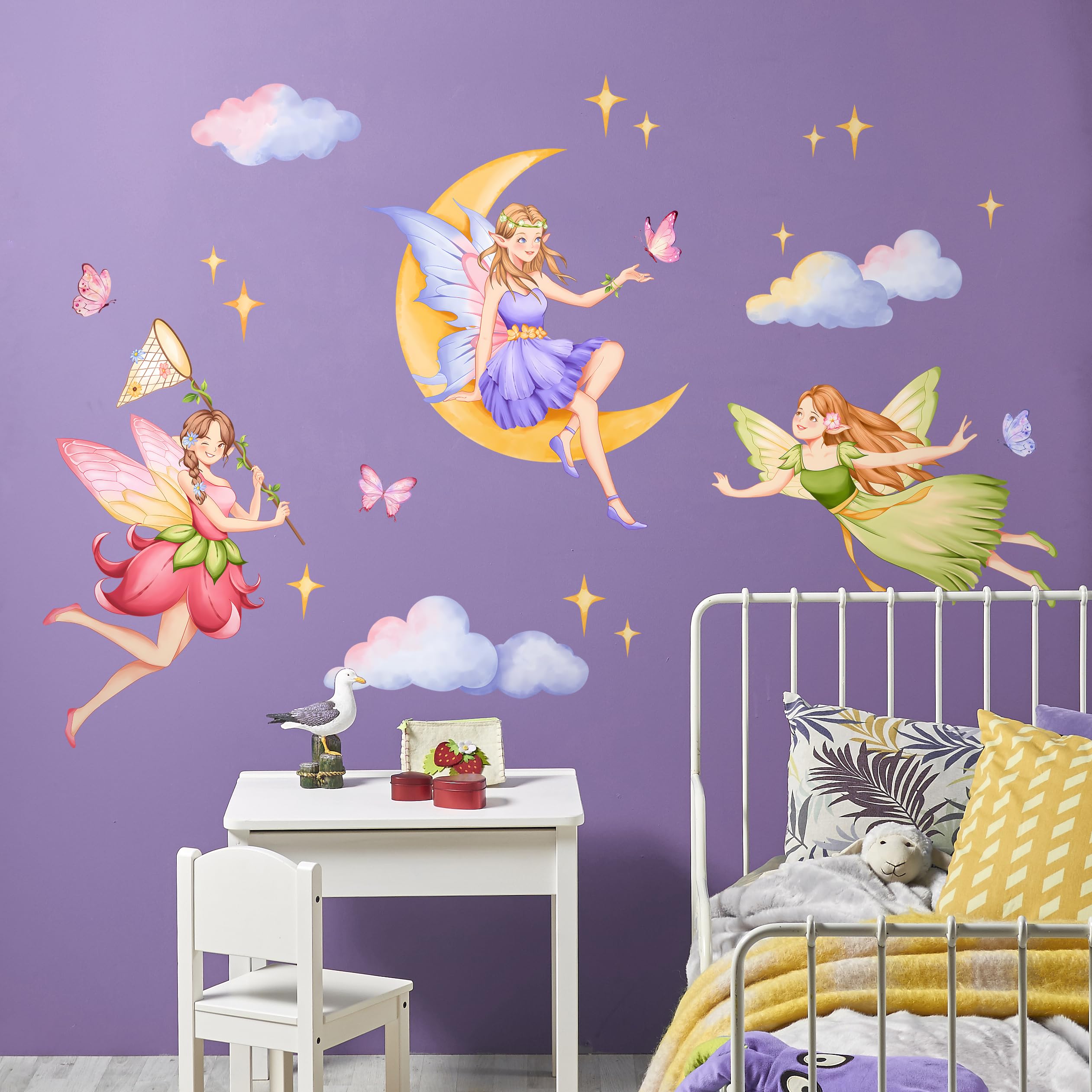 Tanlaby Fairy Wall Decals Elf Moon Star Clouds Wall Stickers Peel and Stick Art Decor for Girls Bedroom Baby Nursery Kids Toddler Playroom - Image 2