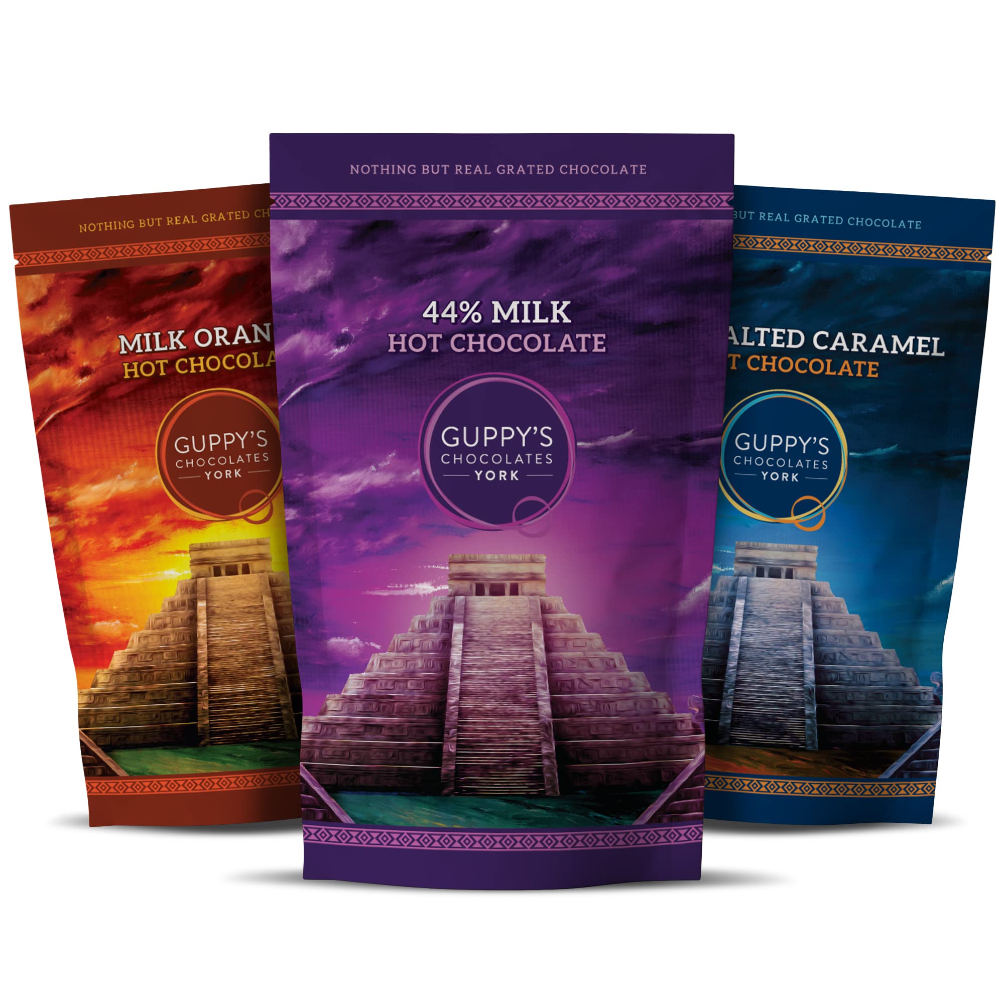 Hot Chocolate Flakes | 3 Pack | Real Grated Drinking Chocolate | 245g Resealable Pouch Equal To 7 Sachets per pack (Milk | Orange | Salted Caramel)