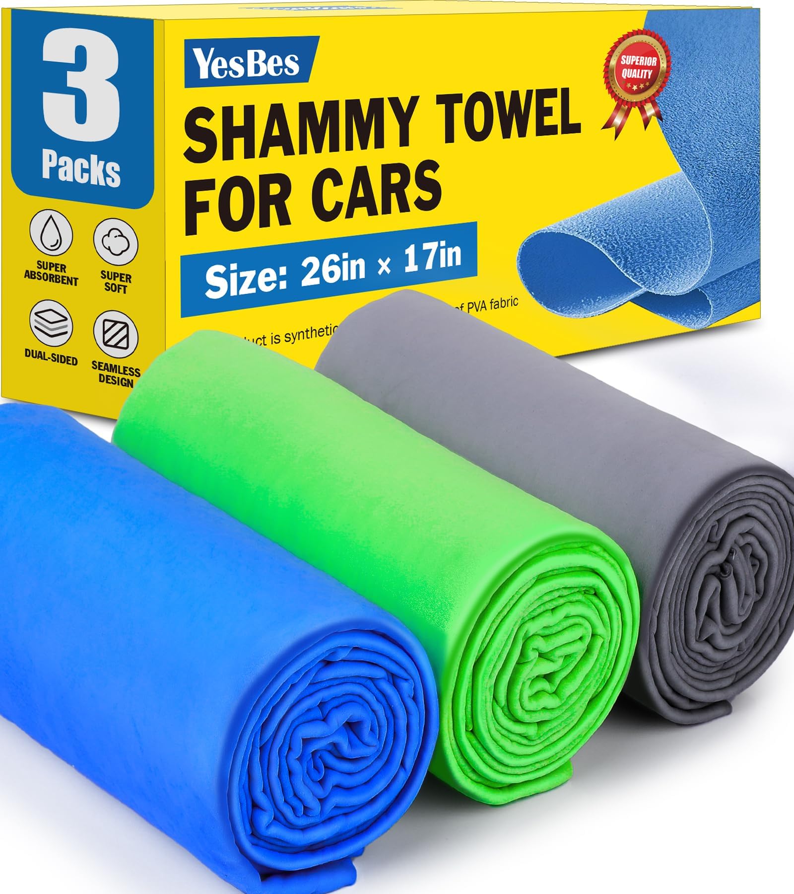 Amazon.com: YesBes 3 Pack Premium Shammy Cloth for Car Drying, 26