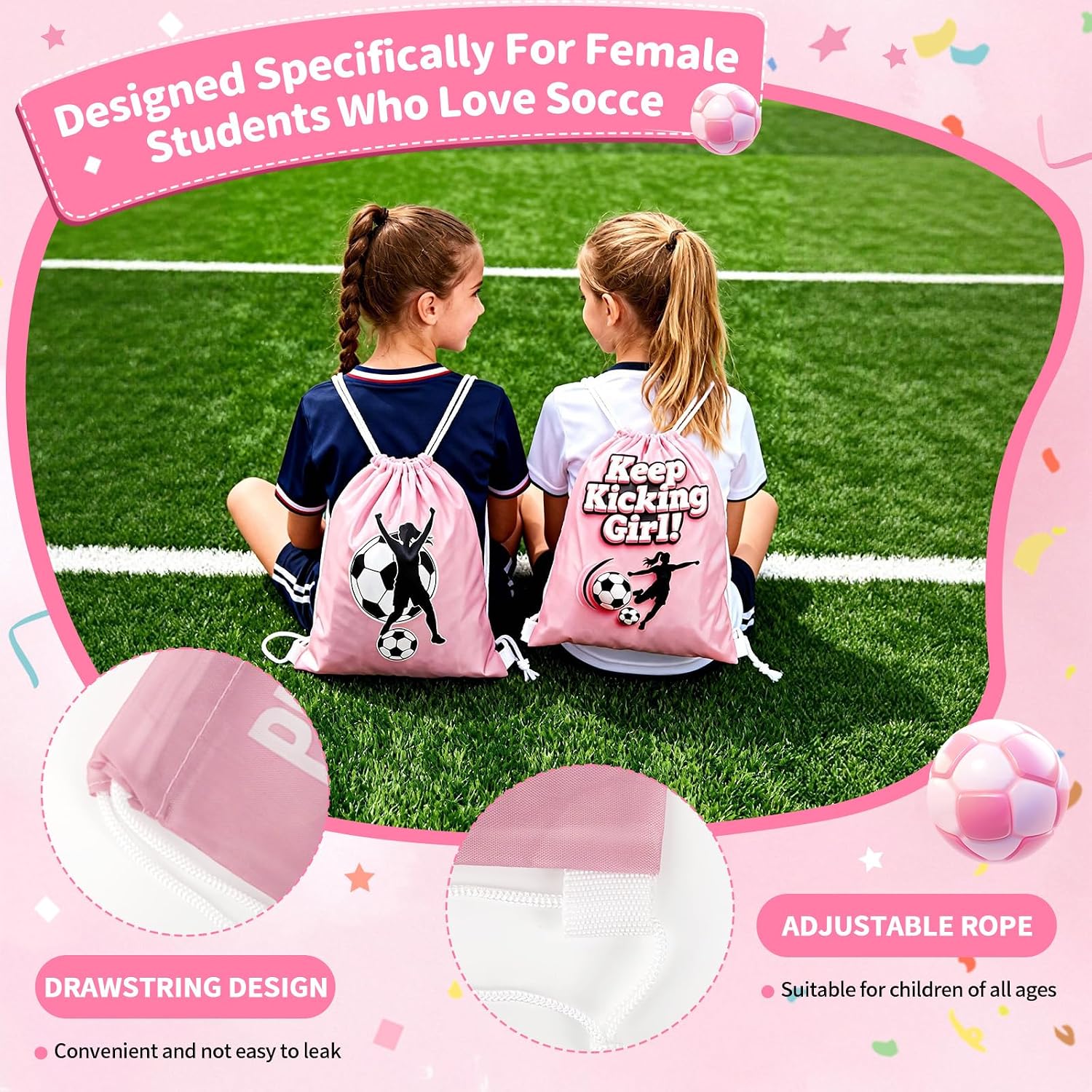 Girls Soccer Party Favors Kit, 48PCS Pink Goodie Bags Set for Kids | 48PCS soccer party favors kit designed for 16 kids, includes drawstring bags, bracelets and keychains for birthday parties