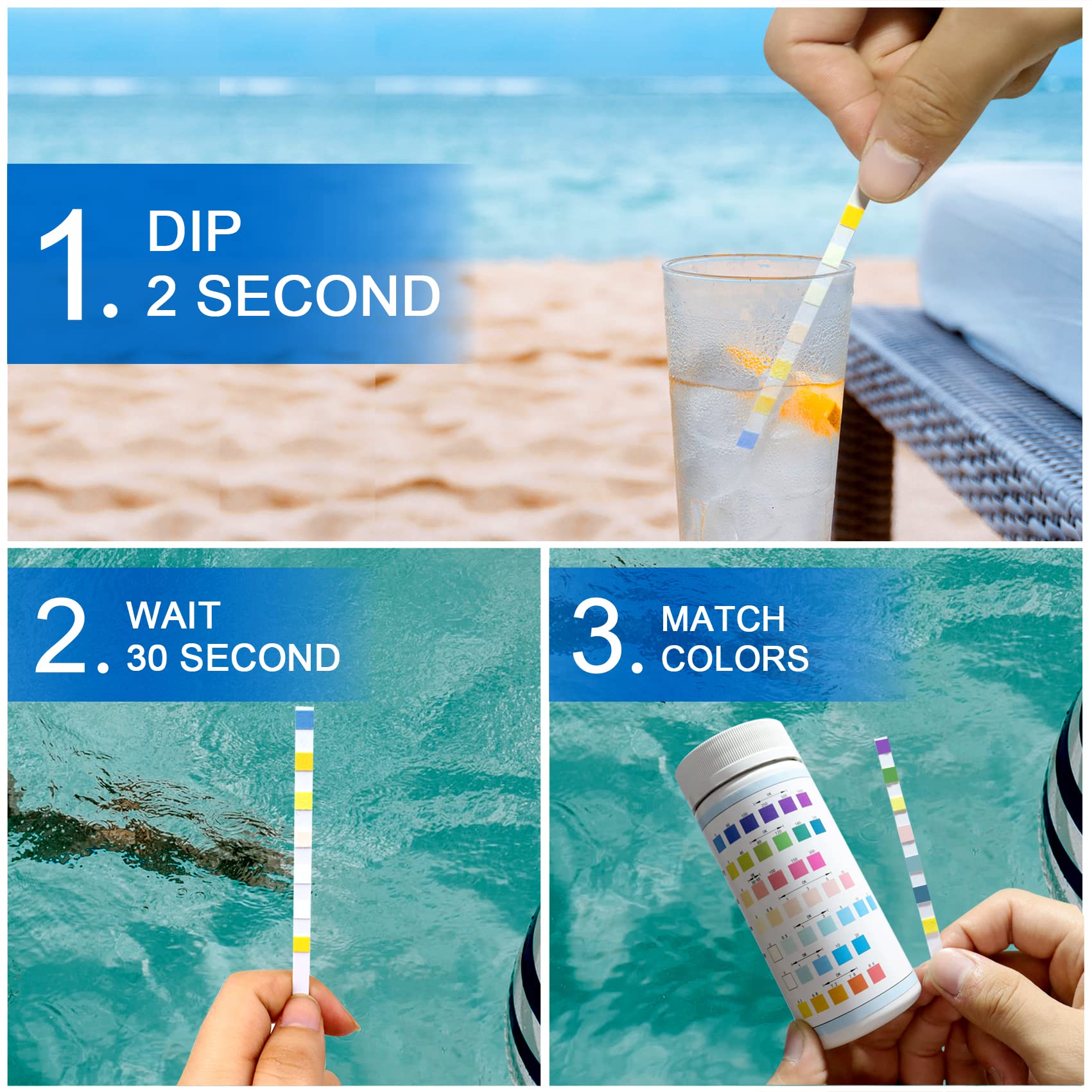 100 tiras reactivas para piscina, 7 en 1, tiras de prueba de agua para piscina, dureza total de piscina, cloro libre, bromo, cloro total y valor de pH, comprobador de pH de piscina, accesorios de