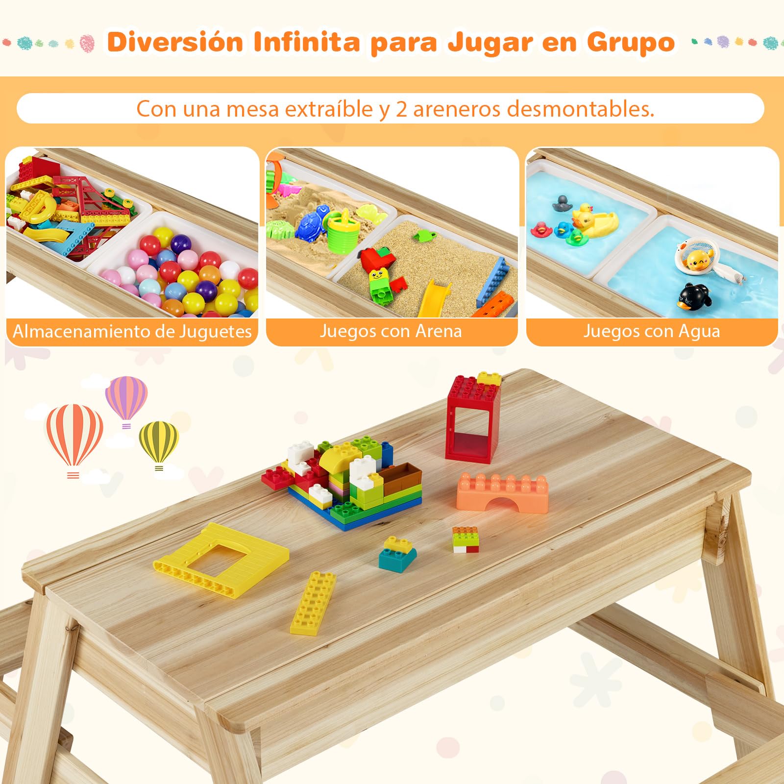 COSTWAY Arenero Infantil, Juego 4 en 1 con Mesa y Bancos de Madera con Tapa Extraíble y 2 Cajas de Almacenaje, Mesita de Actividades de Arena y Agua, Mobiliario de Exterior para Jardín, Patio