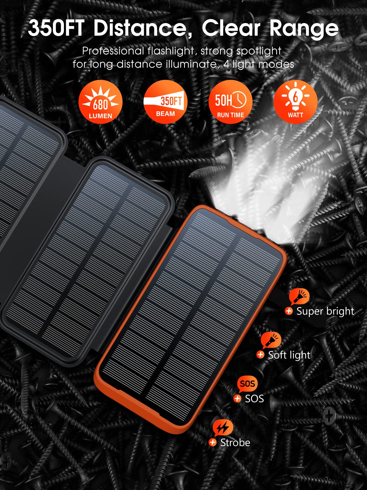 Batterie Externe Solaire 20000mAh, Chargeur Solaire avec 3 câbles QC4.0 22,5W USB C 20W, Fonction de Charge Rapide, avec 4 Panneaux solaires et 3 Lampes de Poche LED pour Smartphones (Orange)
