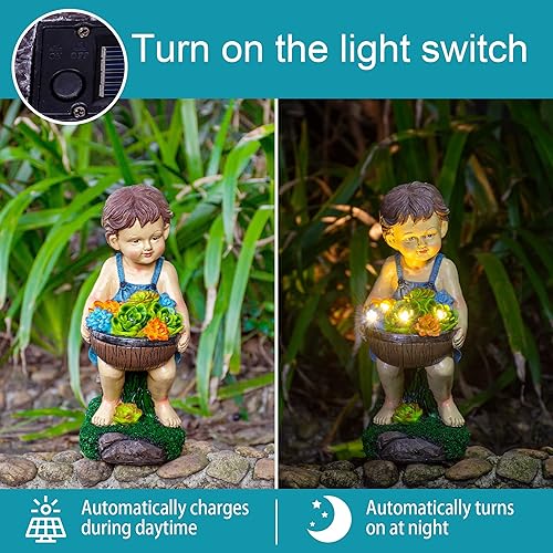 Miniatura 3 de Ottsuls Estatua solar de jardín para niño, resina impermeable, decoración para exteriores con flores y 4 luces LED para patio, césped, porche,