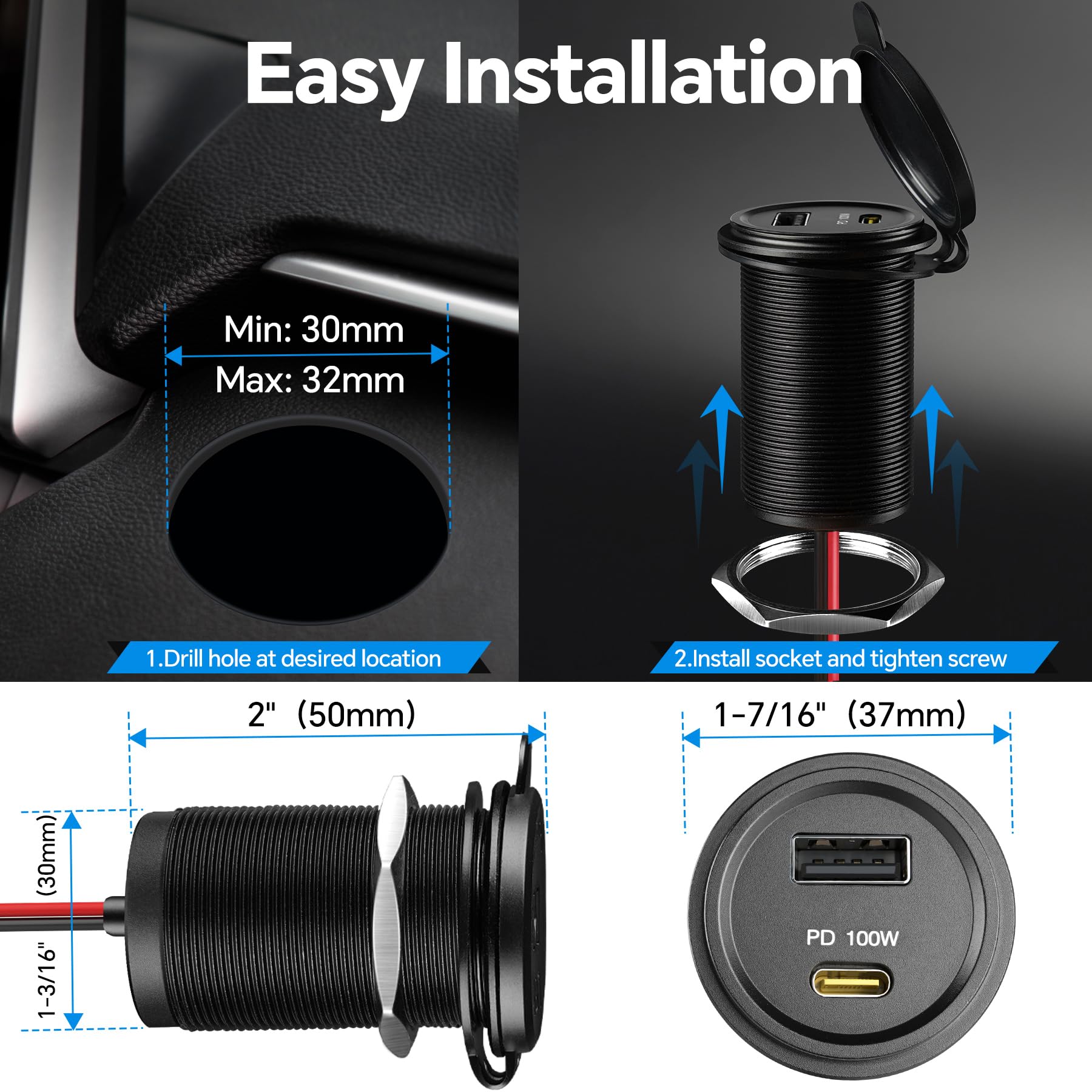 acegoo Presa USB C da 12 V 100 W PD e 18 W QC presa USB per camper, caricabatterie impermeabile per laptop, ricarica rapida per camper, barca, autobus, auto, camion, ATV, golf (confezione da 1)