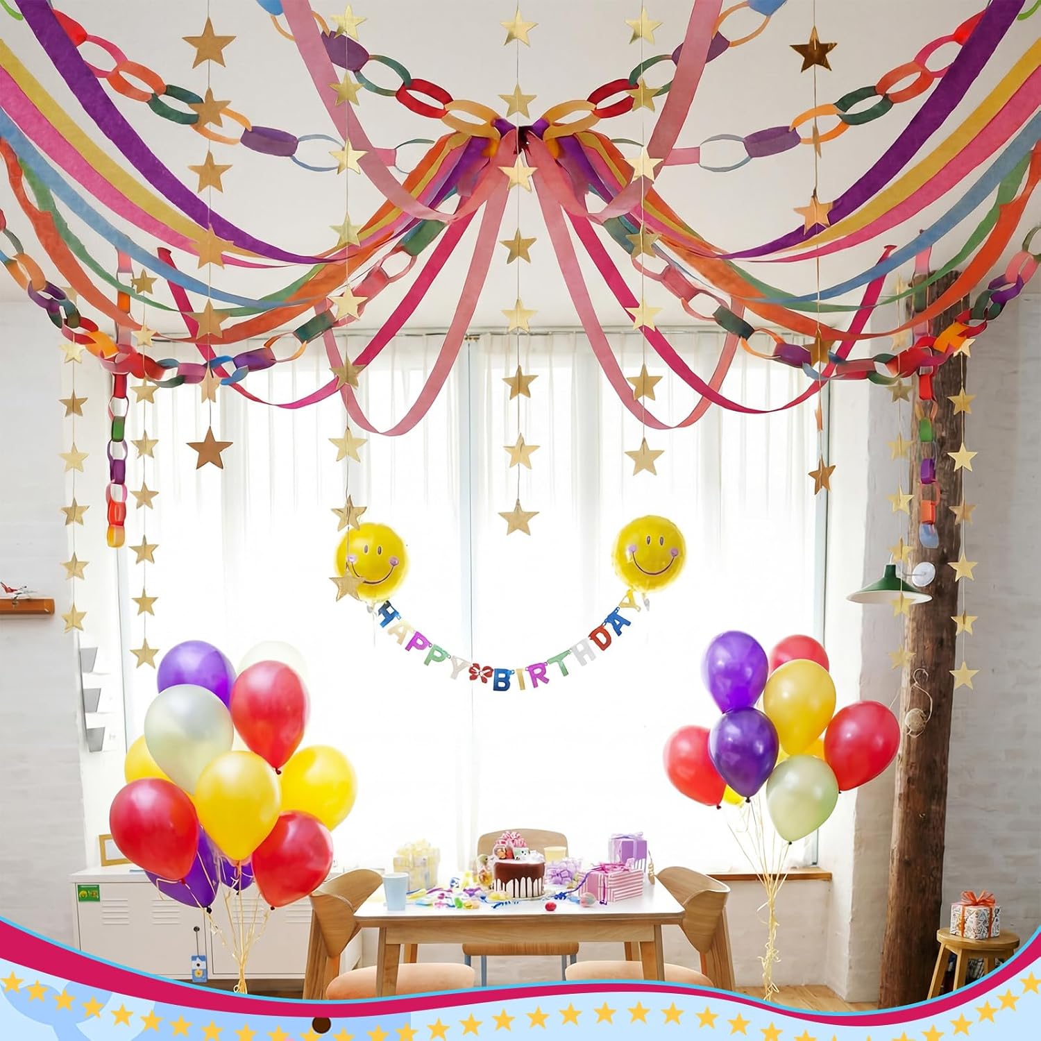 Frienda 300 Sheets Colorful Paper Chains Strips and 492 ft Crepe Paper Streamers, 52.8ft Gold Star Garlands Backdrop for Wedding Birthday Party Decorations DIY Crafts