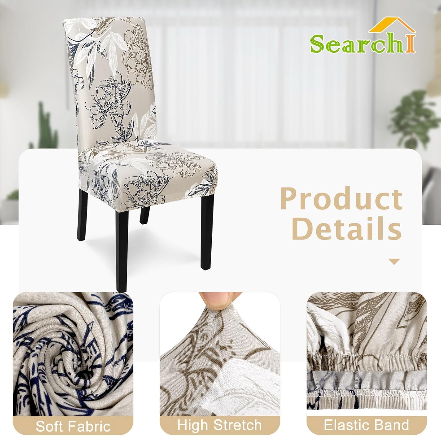 SearchI Printed Dining Room Chair Covers Set of 6, Stretch Kitchen Chair Covers Washable Parsons Chair Slipcover Removable Dining Chair Protectors for Hotel,Ceremony(Flower Pattern3)