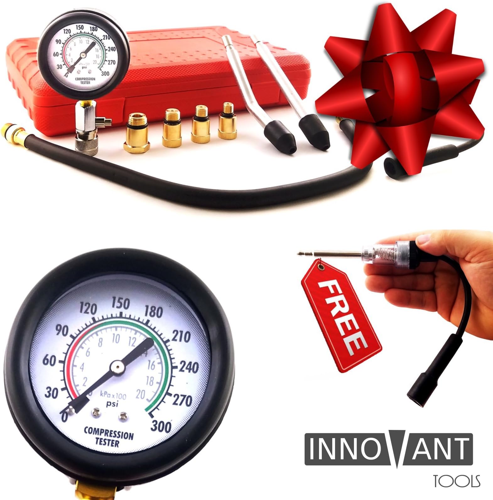 INNOVANT 9 Piece Set Complete Deluxe Gasoline Fuel Engine Automotive Compression Test Kit w/ Inline Spark Plug Tester- Detects Leakage Up To 300 Psi (21 Bar) Quickly Diagnose Internal Leaking Problems