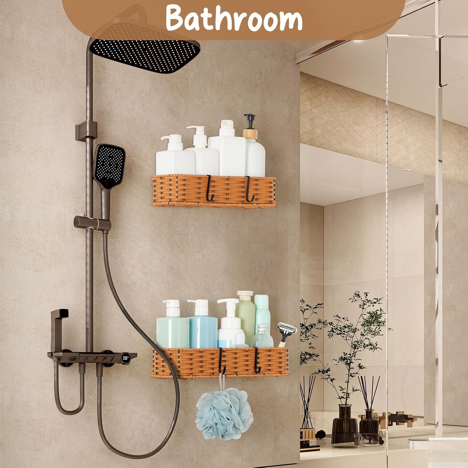 Hanging Wall Basket, Adhesive Wall-Mounted Organizer for Storage, 2-Pack Plastic Wicker Woven Storage Shelves for Kitchen Cabinets, Bathroom, Pantry, Brown Color
