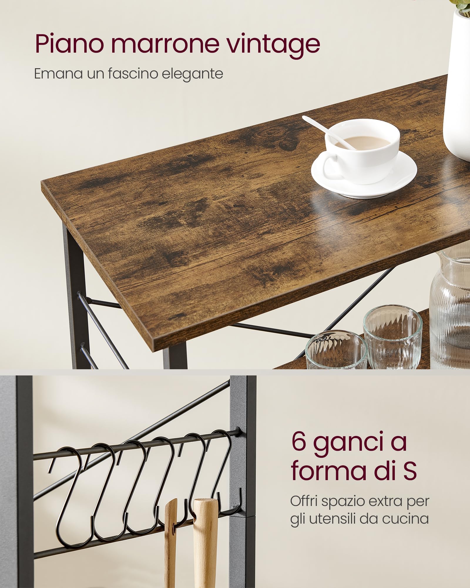 VASAGLE Carrello da Cucina con Rotelle, Carrello di Servizio con 3 Ripiani, Scaffale per Microonde, Struttura Metallica con 6 Ganci, 40 x 60 x 89 cm, Marrone Vintage e Nero Inchiostro KKS60XV1