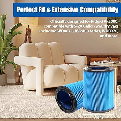 Miniatura 2 de Paquete de 1 filtro de repuesto VF5000 para aspiradora rígida de taller, filtro H11 lavable y reutilizable de 3 capas con QwikLock, se adapta a