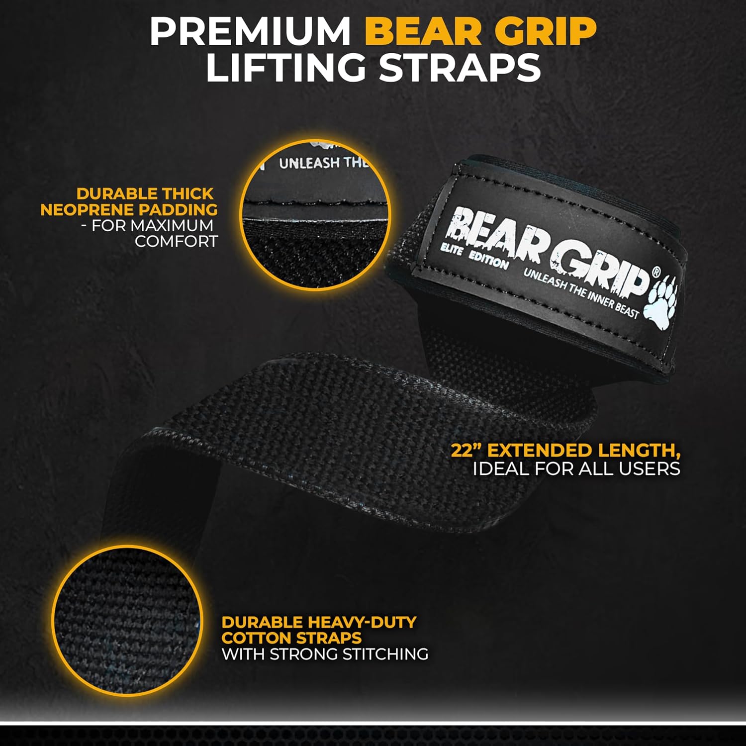 BEAR GRIP Straps – Premium Neoprene Padded Heavy Duty Double Stitched Weight Lifting Gym Straps, Deadlift, Gym Accessories for Men and Women, 100% cotton, Extra long length (Black (No Rubber))