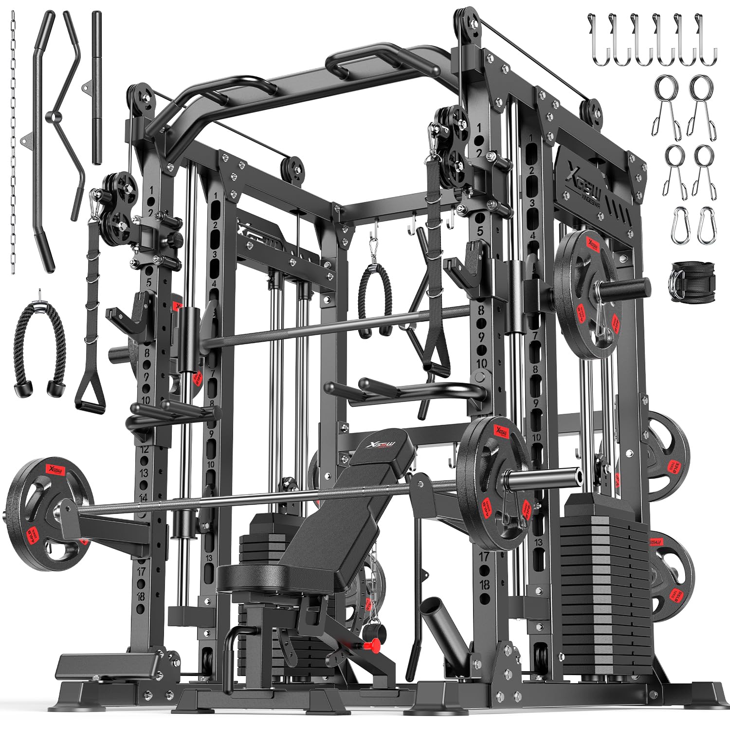 XGSW Smith Machine with Weight Stack, Multi-Function Squat Rack Power Cage with Cable Crossover System, for Home Gym