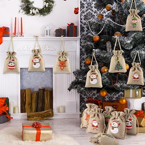 Miniatura 6 de GlyinnHe 36 bolsas de regalo de arpillera de Navidad con cordón, bolsas de regalo de lino de Navidad con cordón, bolsas de regalo para envoltura de