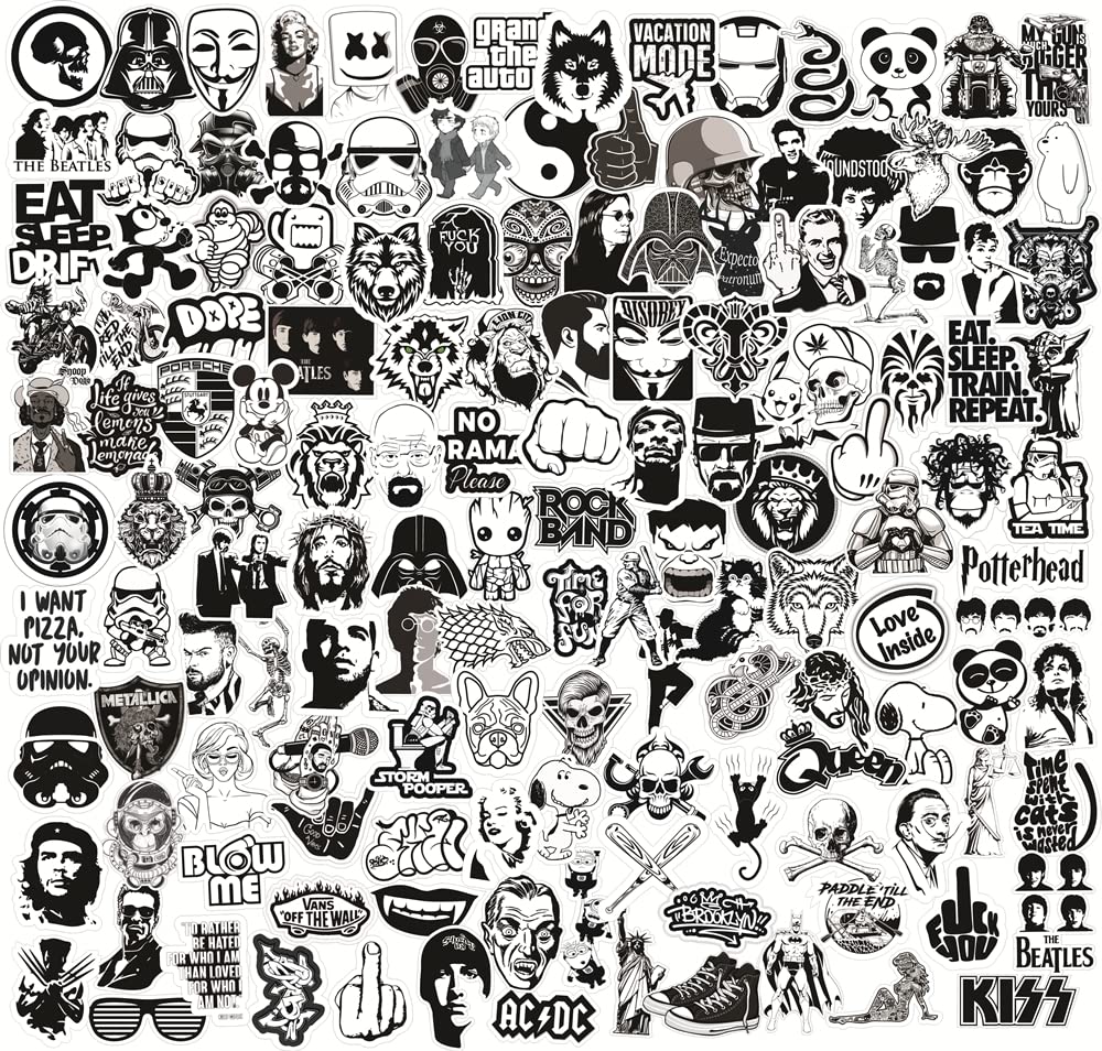 PIXELARTZ Black & White Assorted Theme DIY Vinyl Stickers for Laptop, Skateboard, Luggage, Snowboard, Refrigerator, Toys, Car, Bikes, Phones, Guitar (Multicolor) (4)