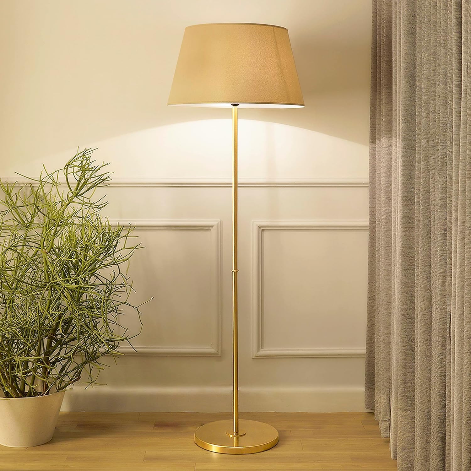 ANTIQUEMPORIUM Maserlo Metal Floor Lamp with Beige Cotton Lampshade 12 Inch Height | Shine Brass Finish Single Light | Elegant Standing Lamp for Living Room Corner Bedroom Office Hotel Decor-image-2