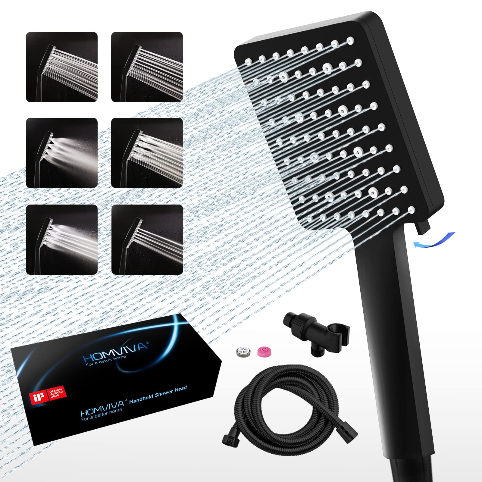 High Pressure Shower Head with Handheld,Homviva® 6 Spray Modes Detachable Shower Head with 70" Stainless Steel Shower Hose Adjustable Shower Arm Bracket,Square Shower Head with Matte Black Finish
