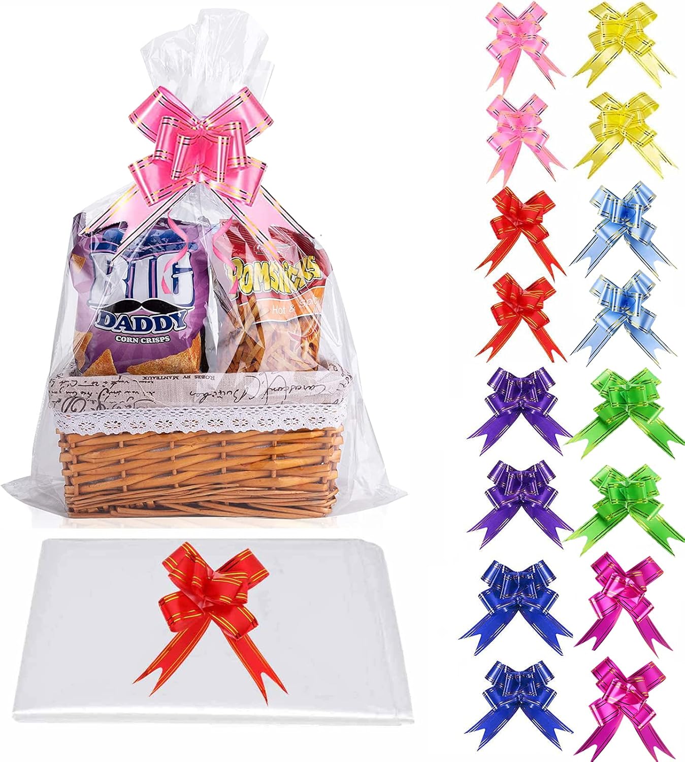 16Pcs Cellophane Basket Bags with 16Pcs Bows Clear Basket Bags