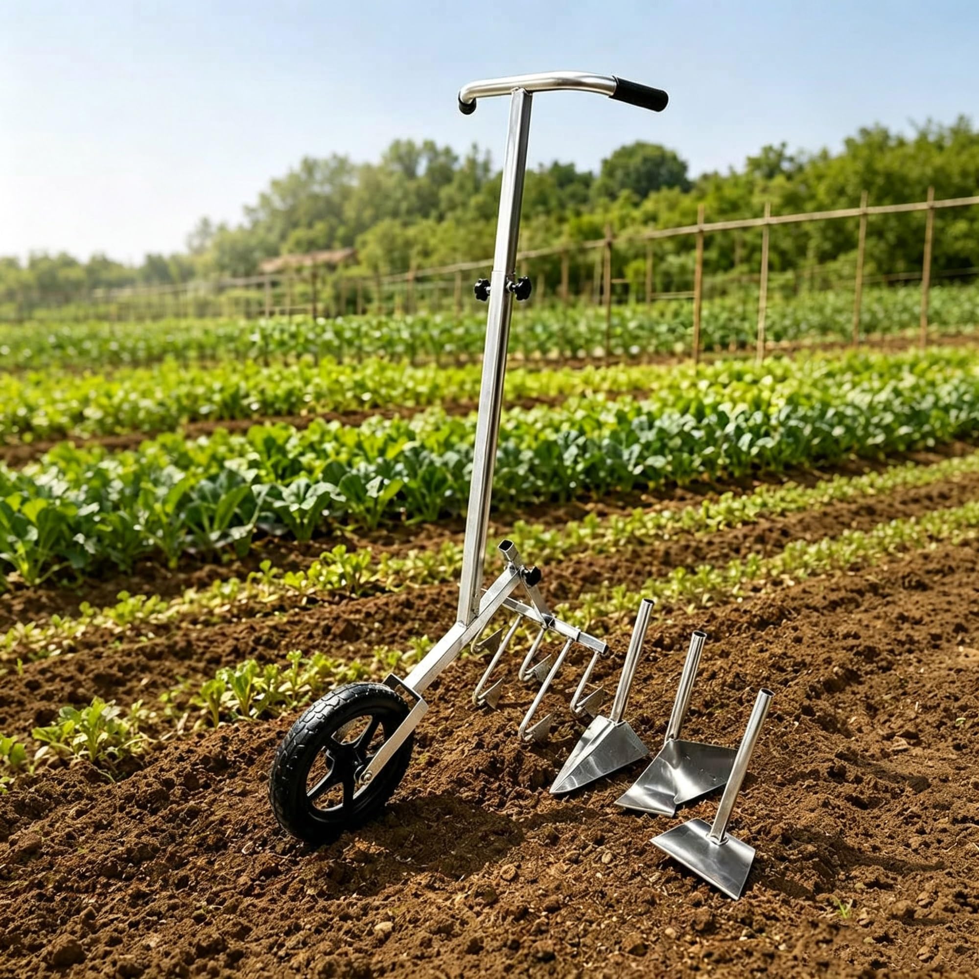 Zappa a ruota e coltivatore manuale 3-in-1 per impieghi gravosi | Testa di zappa rotante manuale con manico e ruota singola; attrezzo per scavare, piantare e curare il giardino