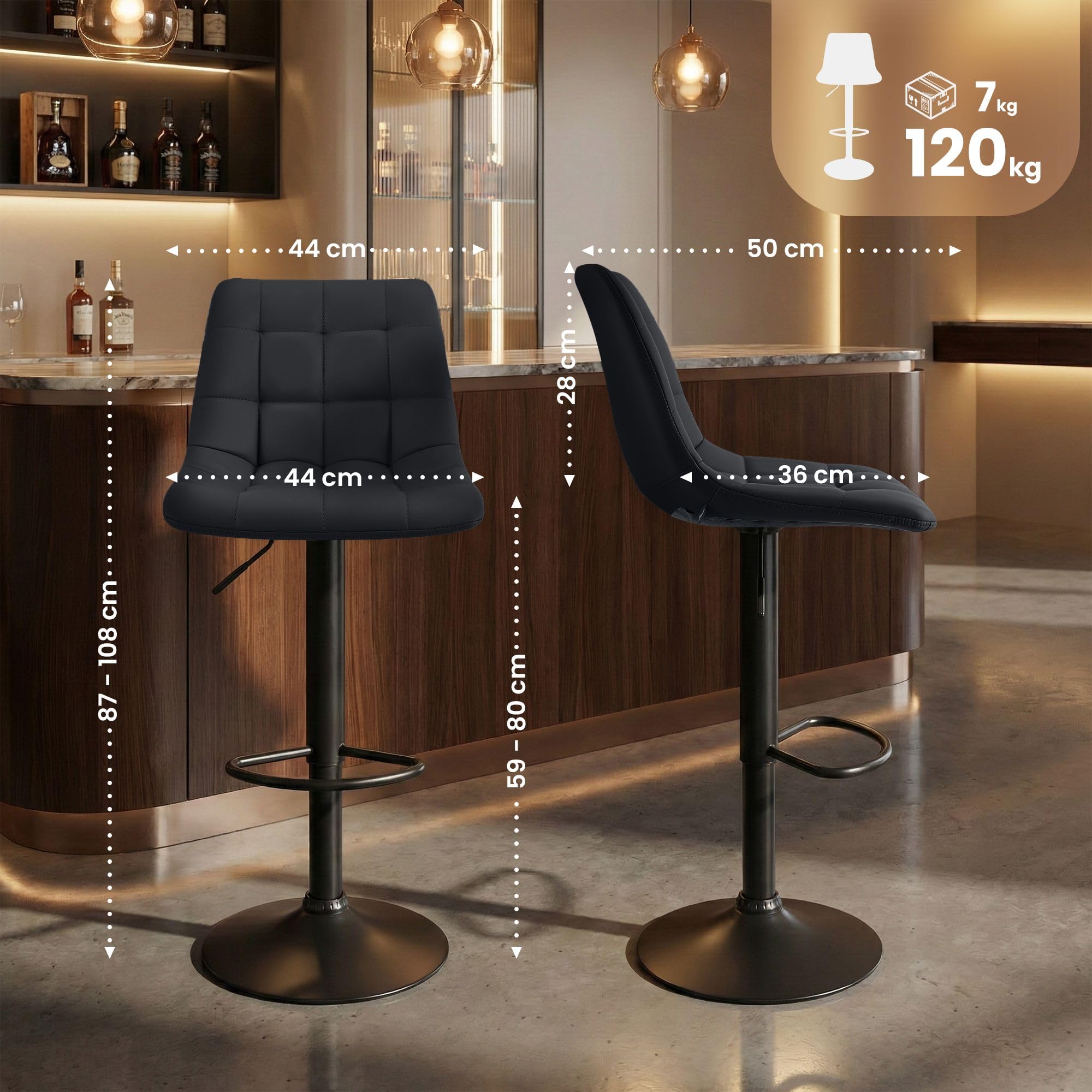 CLP Barhocker höhenverstellbar Mapun, Barstuhl 360° drehbar, gepolstert mit Metallgestell für Küche, Theke, Bar und Lounge, Farbe:schwarz, Material:Kunstleder