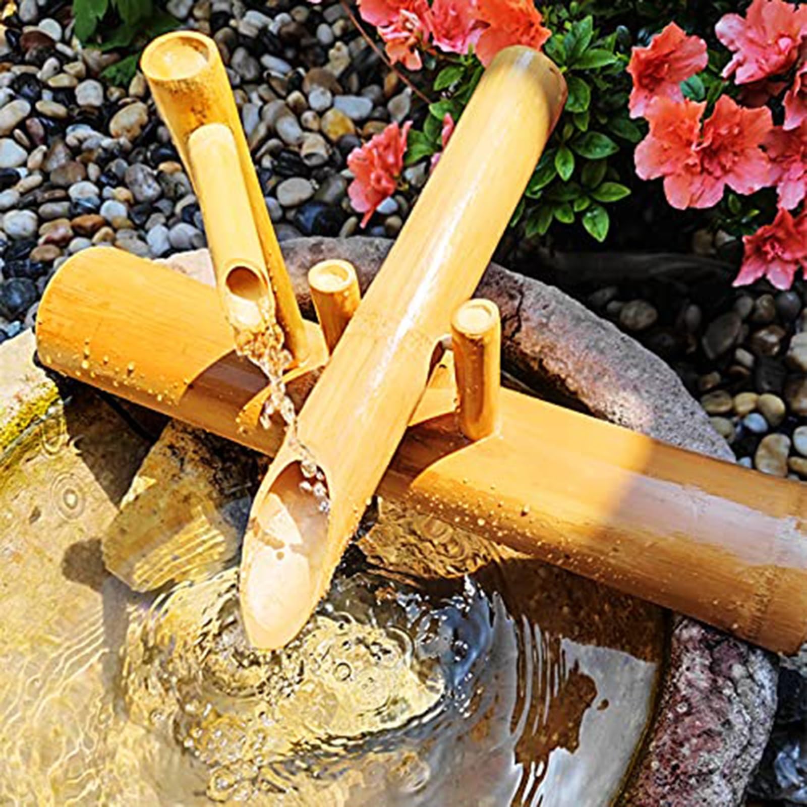 Fontaine d'extérieur Solaire - Fontaine Zen en Bambou avec Pompe, Panneau Solaire 6 W, Filtre à Eau et Tuyau de 2 m - Idéale for la pelouse, Le Jardin et la décoration de la Cour(35cm)