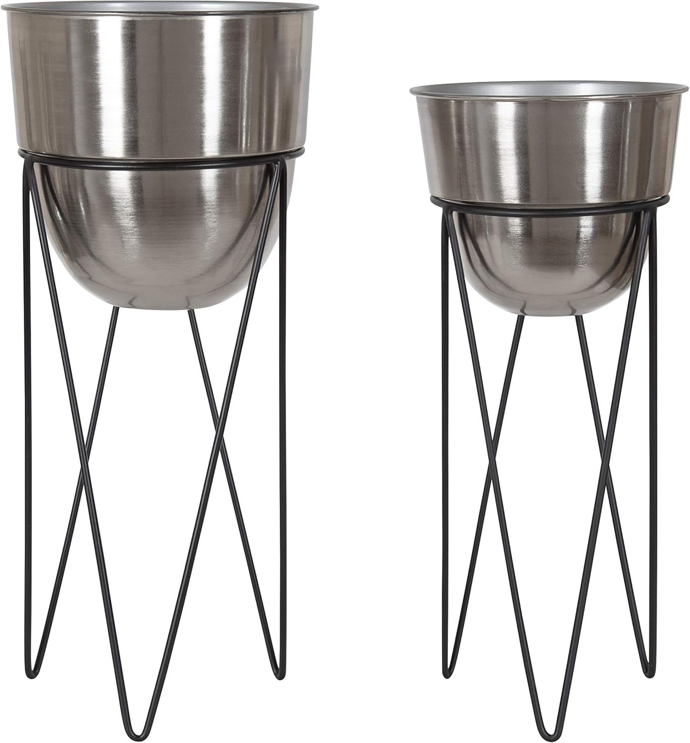 Kate and Laurel Mantua Modern Metal Planter Set, Set of 2, Black and Silver, Decorative Planter with Stand Collection