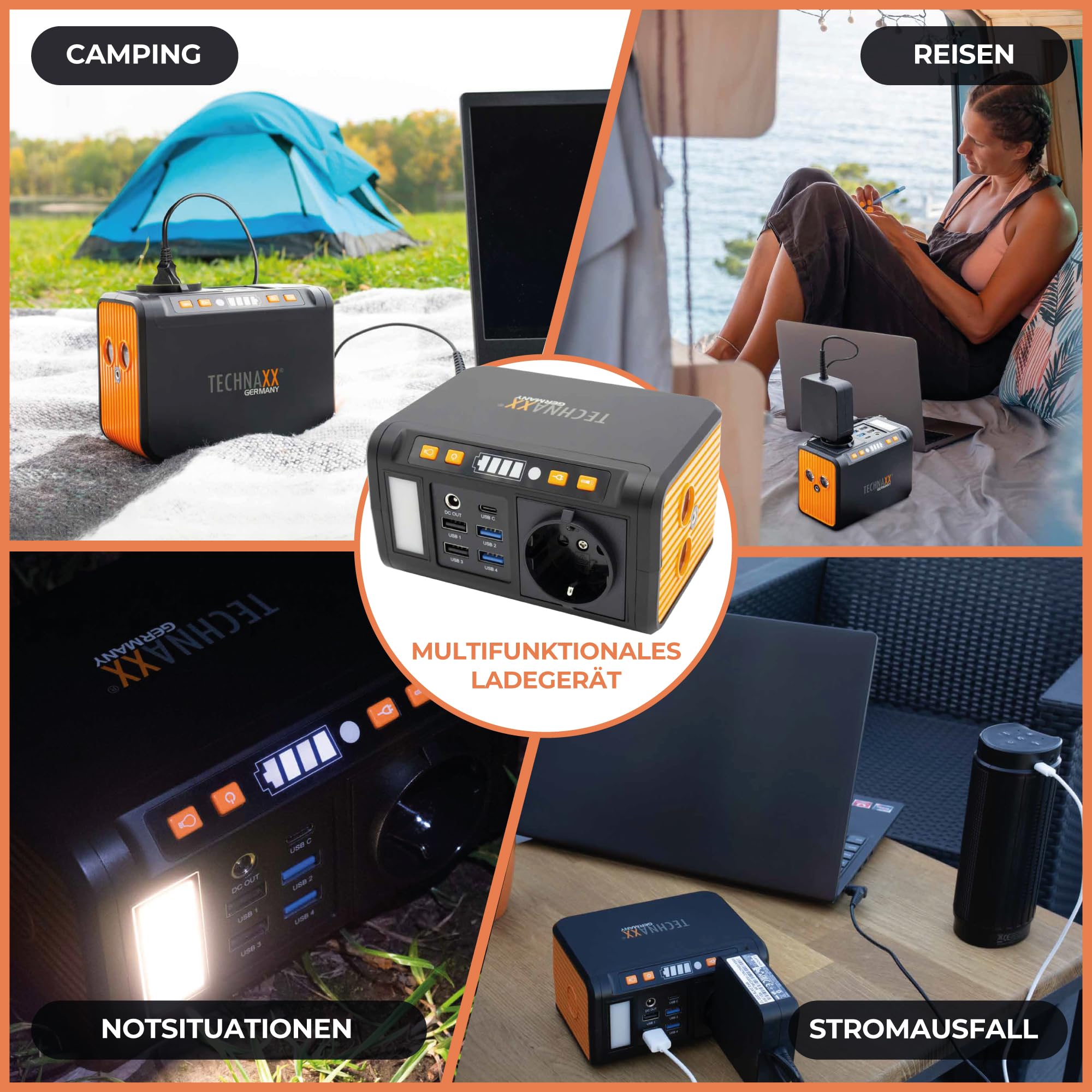 Technaxx Mini Tragbare Powerstation 74Wh 80W mit 230V Steckdose, USB-C PD 18W, 4×USB-A QC3.0, DC-Ausgang, LED, Solarlade-kompatibel, Camping & Notstrom Generator – Aktualisiertes Modell 2026 TX-205+