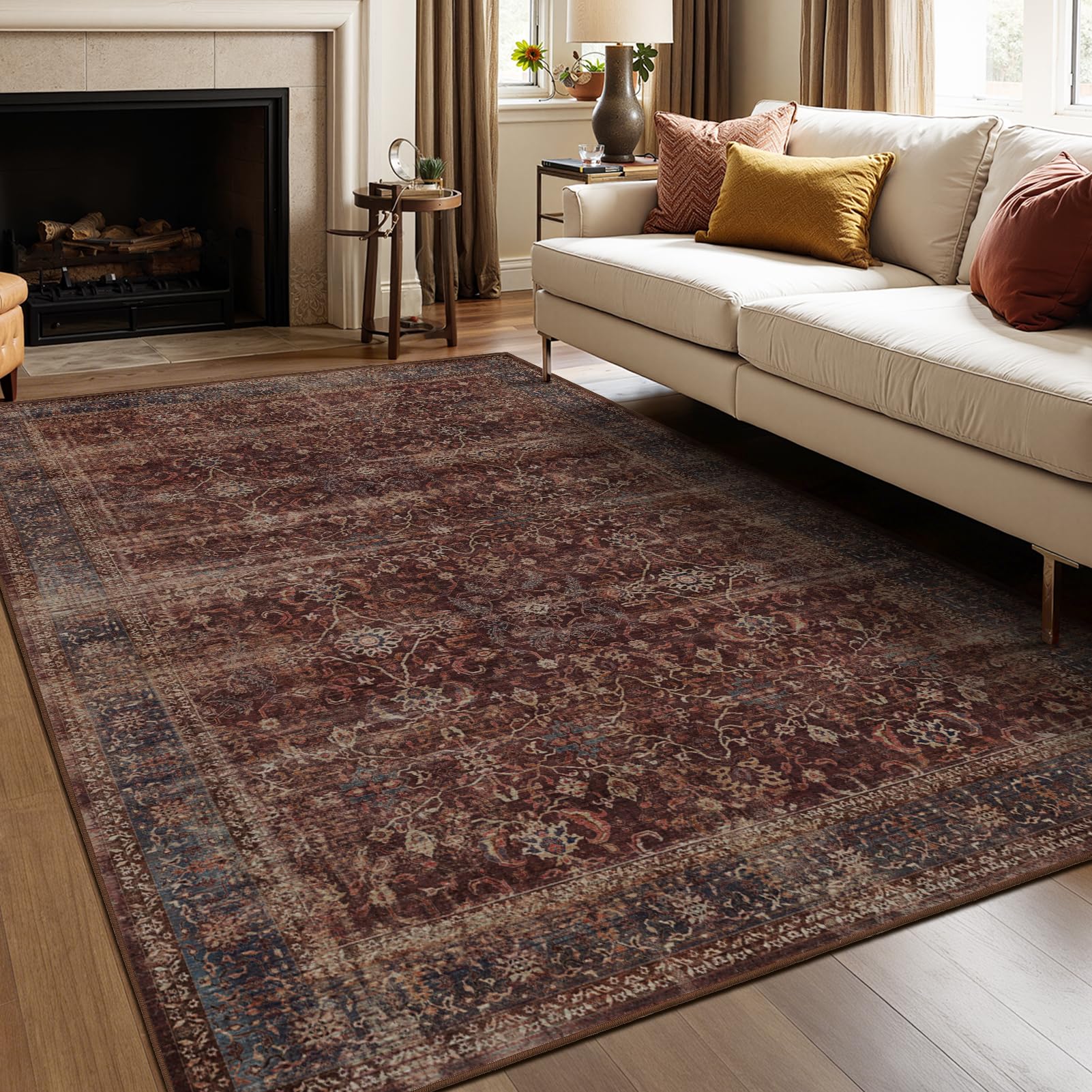 Jainmy Brick Red 6x9 Rugs for Living Room, Earth Tone Area Rug for Bedroom Under Bed Non Slip, Washable Vintage Distressed Dining Room Rug Under Table Rustic Farmhouse, Low Pile Ultra Thin Soft — image 1