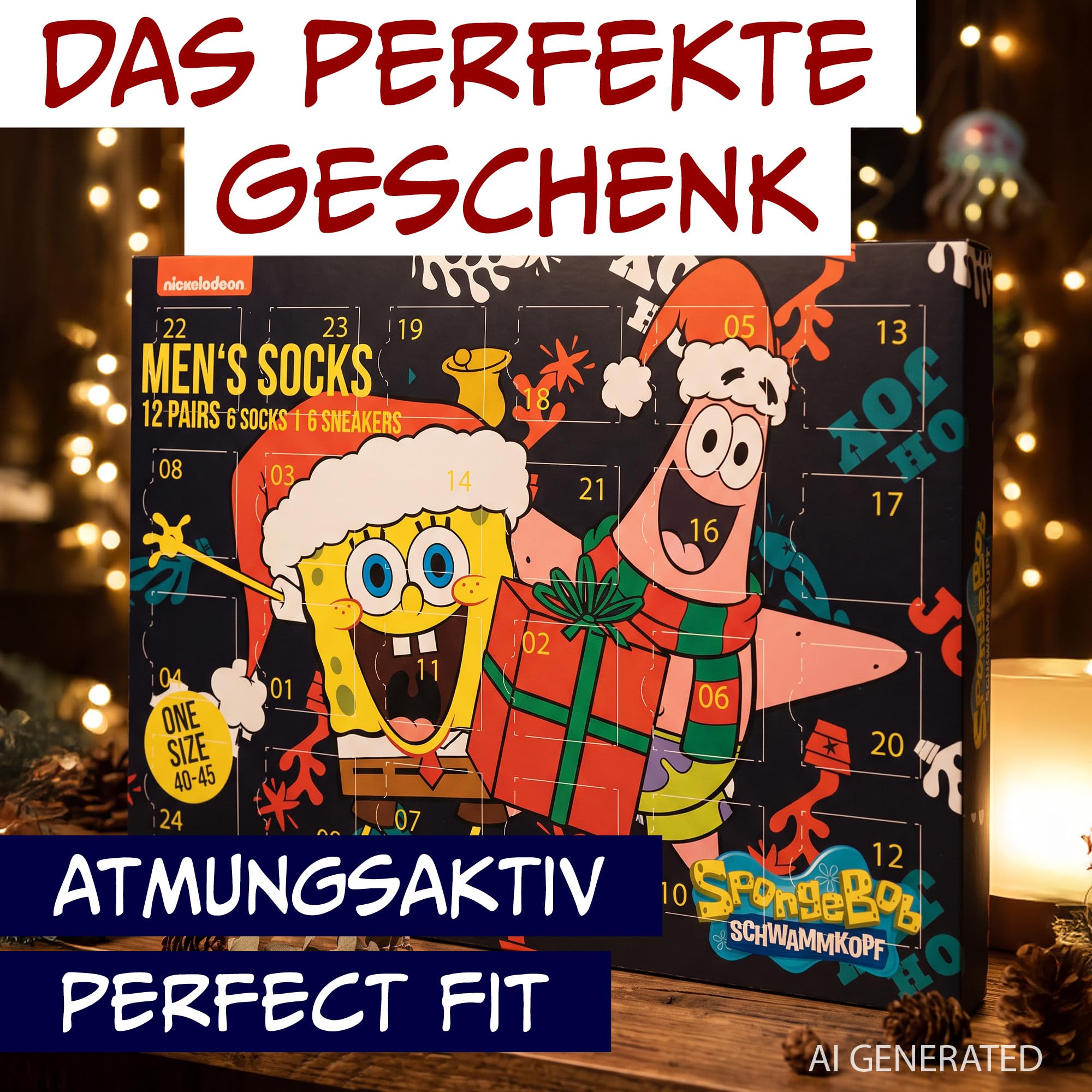 Calendrier de l'Avent Bob l'éponge avec 12 paires de chaussettes Taille 40-45 pour homme Calendrier de Noël avec baskets et chaussettes longues
