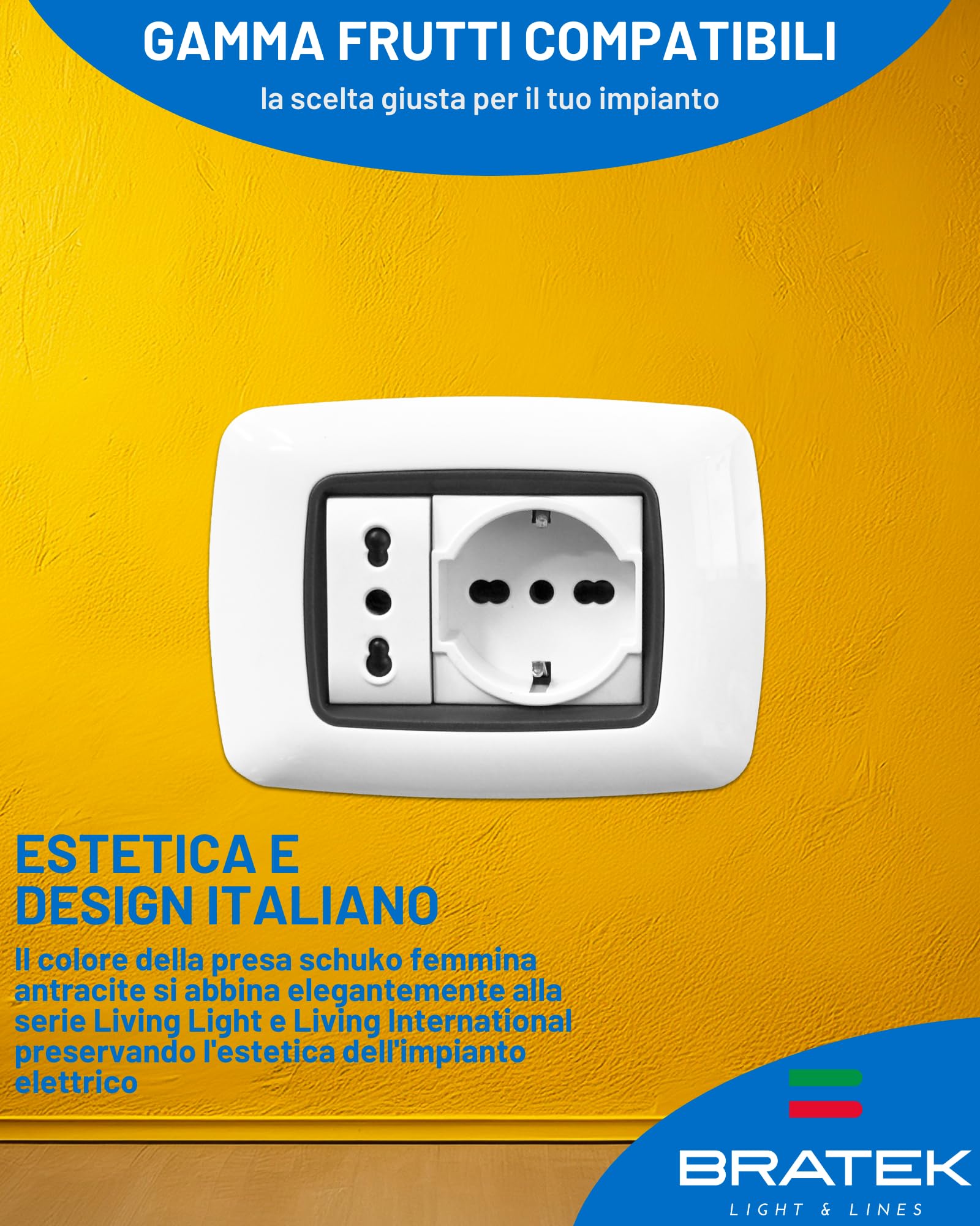 Bratek 2 Prese Schuko Compatibili Bticino Living Light e International 2P+T 10/16A - Presa Elettrica da Muro Tedesca + Bipasso Italiana Bianco per Supporti B Ticino Livinglight e Living International