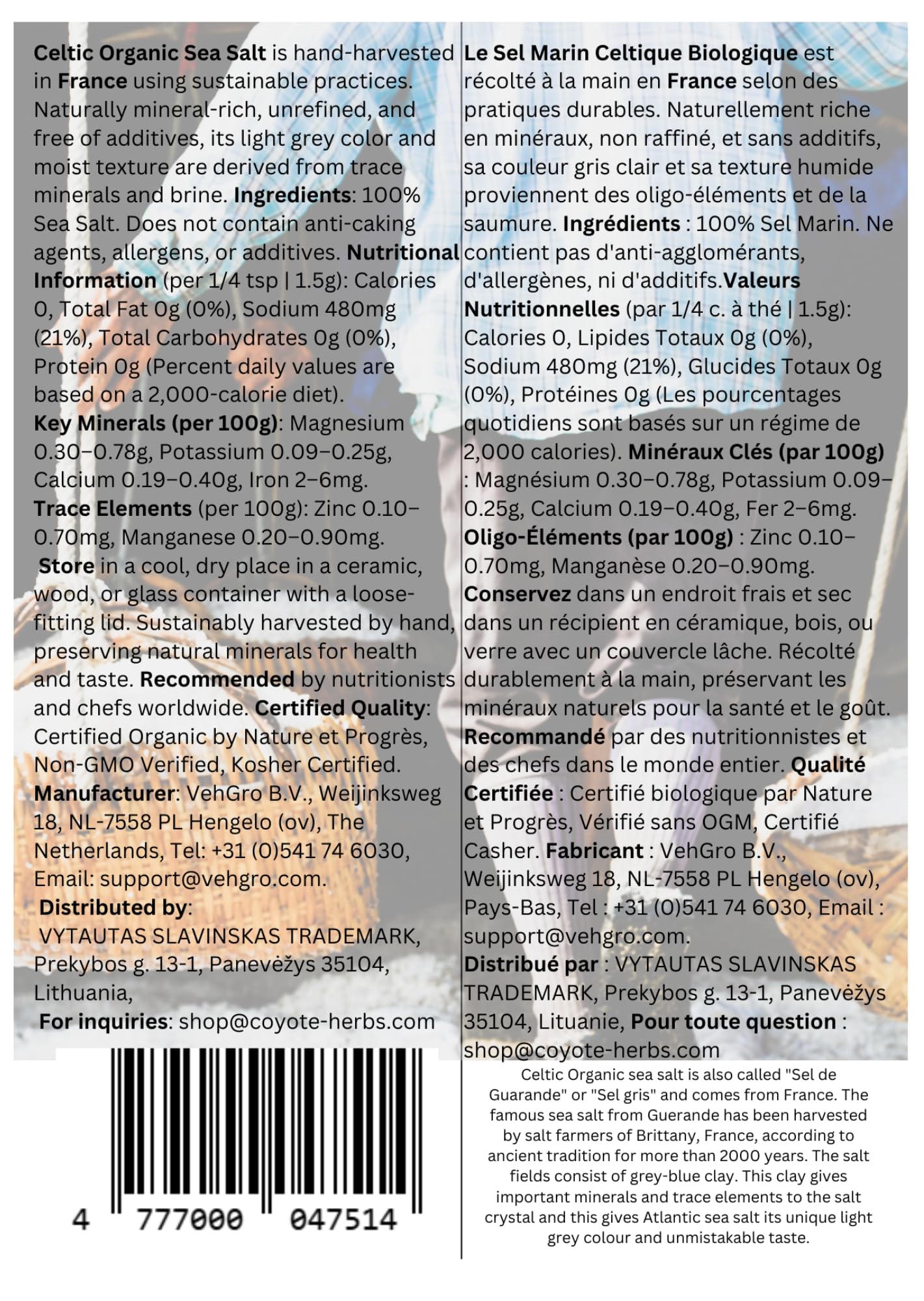 Sale marino celtico biologico fine secco 4 lb (1815 g) - Premium Sel de Guérande dalla Francia - Non raffinato, ricco di minerali, sale marino fine gourmet - raccolto a mano, naturale, perfetto per