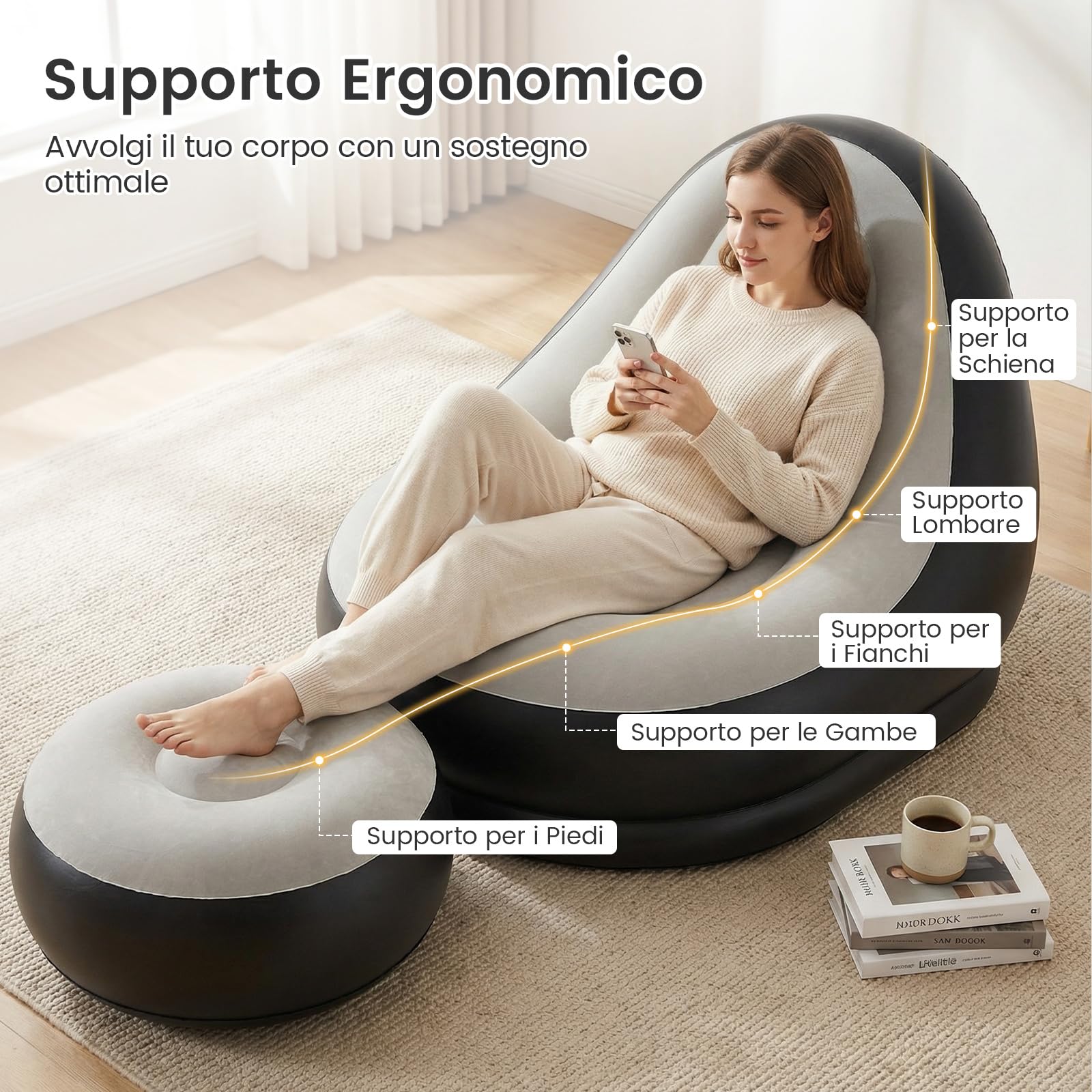 COSTWAY Poltrona Gonfiabile con Poggiapiedi, Divano Gonfiabile Portatile con Superficie Vellutata, Portabicchiere, Divano Singolo Gonfiabile per Esterno Interno Campeggio Viaggi