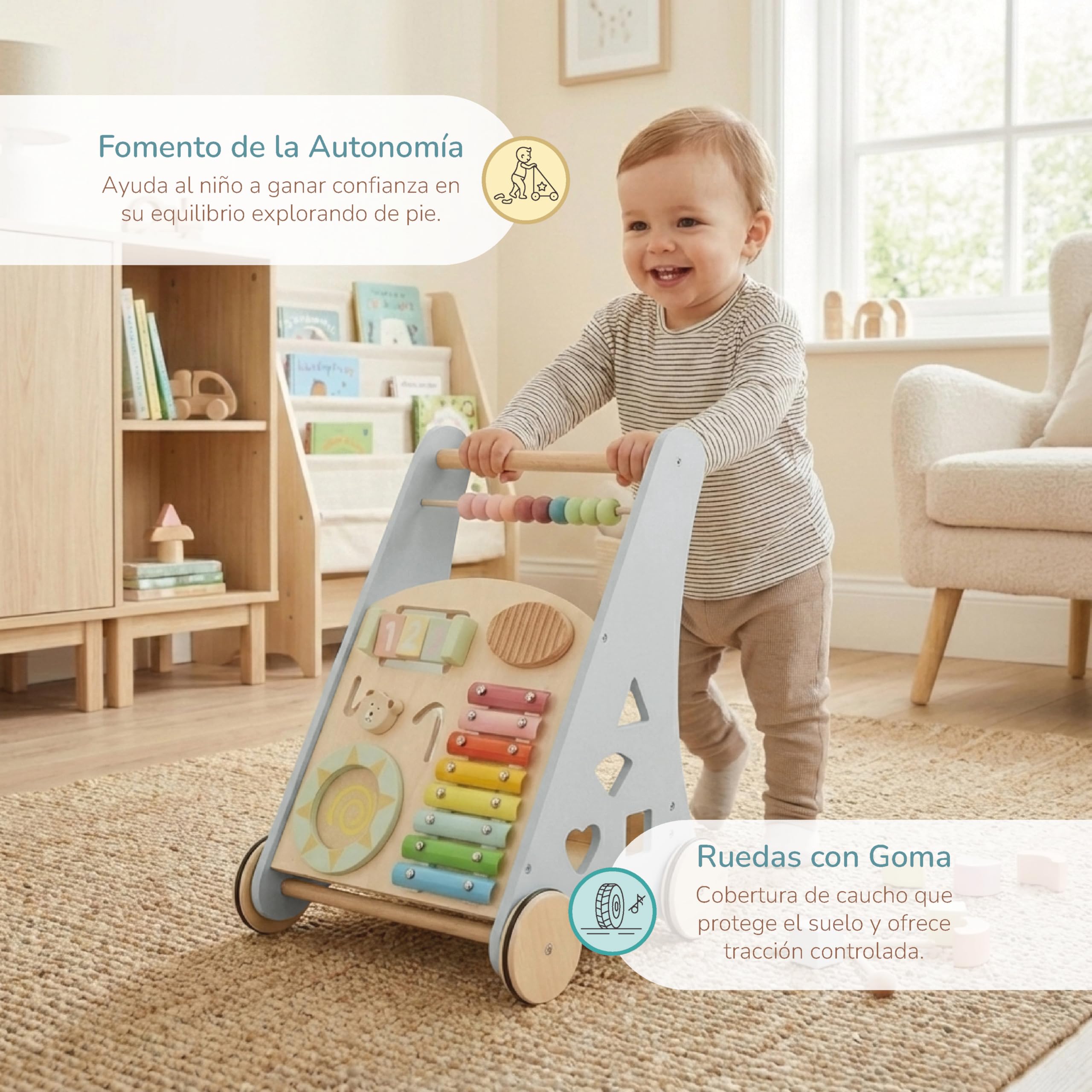 Buddy Baby - Andador de Madera Montessori - Desde 12 meses - Panel interactivo (xilófono, puzzle, espejo, engranajes) - Cajón trasero - Ruedas goma antideslizantes - No daña el suelo
