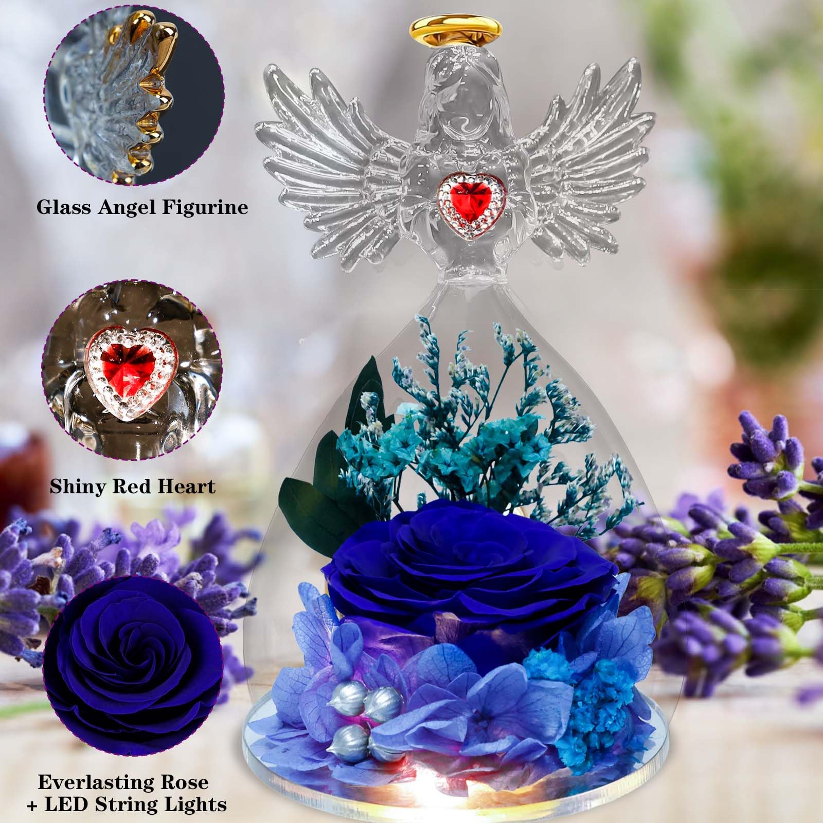 Rosa eterna in vetro con angelo – Grande rosa eterna con figura di angelo, figura di angelo in vetro, realizzata a mano, fiore eterno, regalo di compleanno per donne, mamma, mamma, nonna