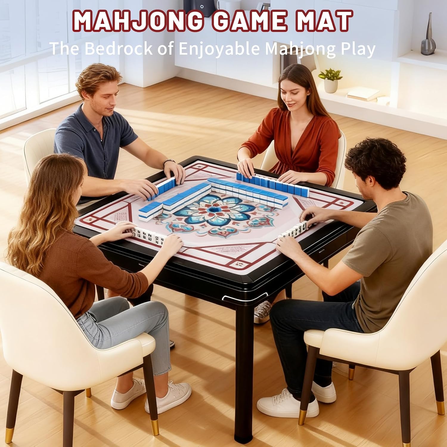 Linoows Mahjong Mat | Non-Slip Gaming Mat with Noise Reduction 31.5x31.5 Inch Large for Mahjong, Poker, Board & Card Games, Dominoes | Celestial‌ Bloom Design