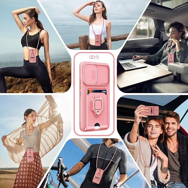 Cordon de Coque pour Samsung Galaxy A05S,Couvercle Coulissant de la Caméra+Support Annulaire à 360 Degrés,Fentes pour Cartes Lanyard Silicone Case -Pink - 2