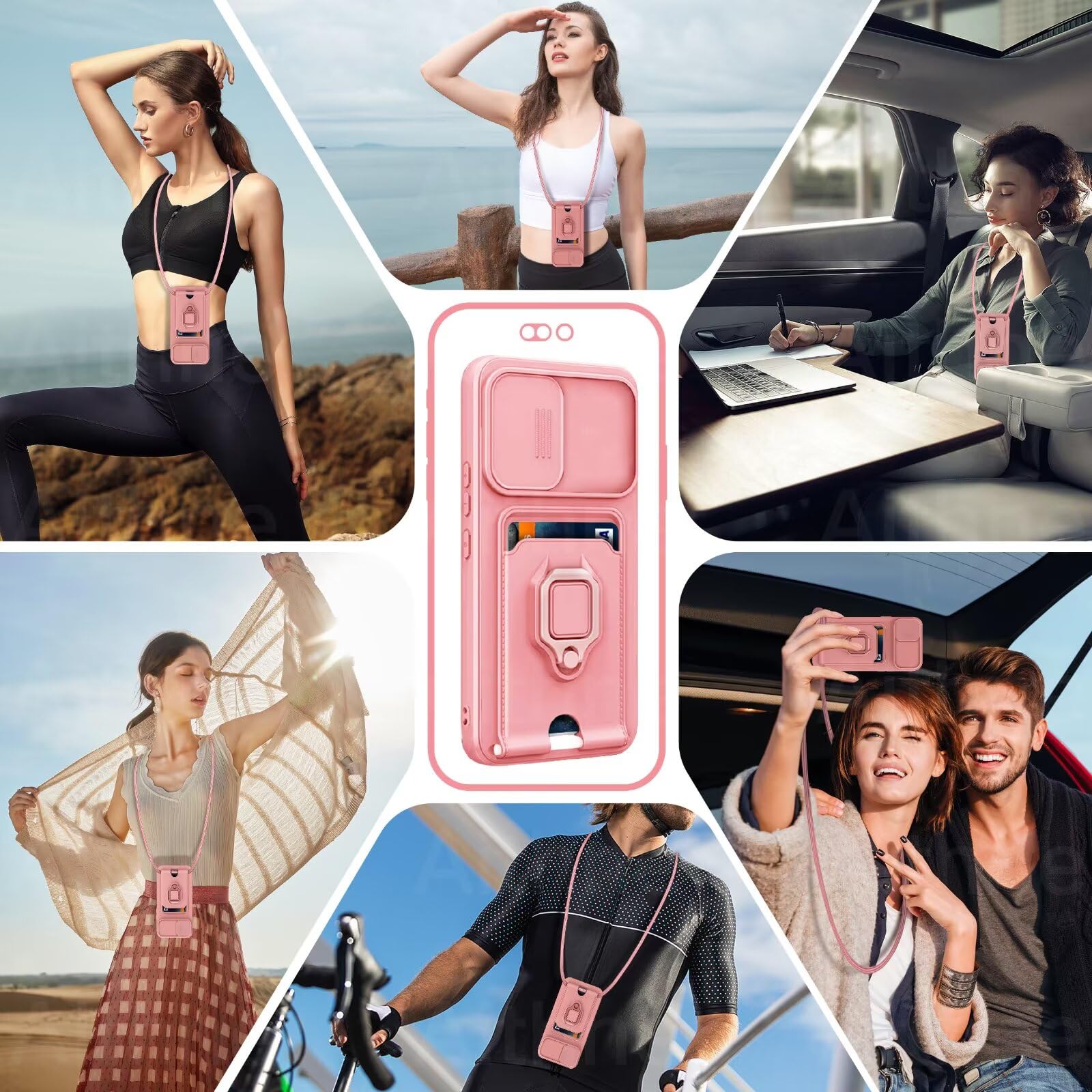 Funda con Cuerda para Samsung Galaxy A22 4G/M32 4G Case con Ranura para Tarjetas,360 Anillo función de Soporte Cubierta -Pink — view 2