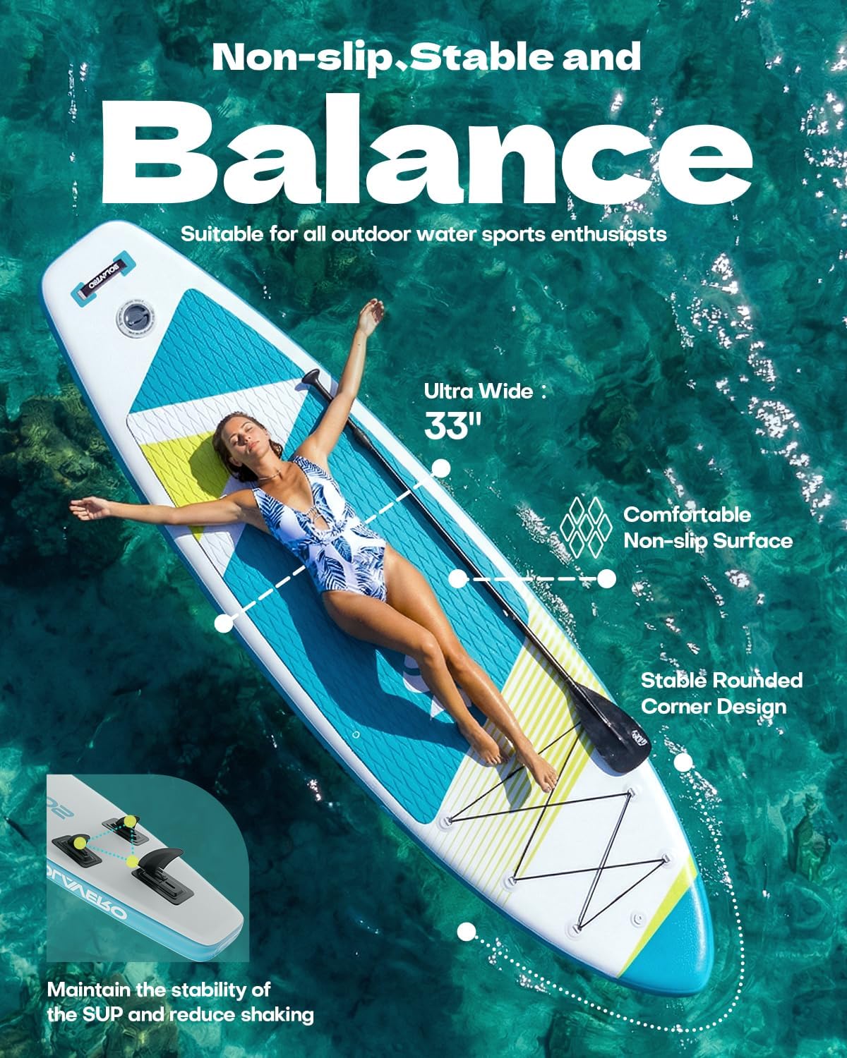 SOLAVERO 11' Inflatable Stand Up Paddle Board, Extra Wide Stable SUP with Premium Accessories Blow Up Paddle Board for Adults, Suitable for Sea and Lake, All Skill Levels