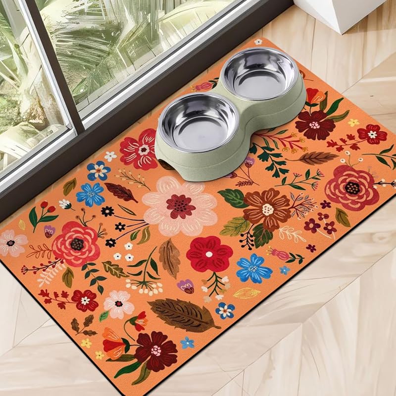 Tapete absorvente para comedouro e bebedouro de cães e gatos Cuslnox Floral Orange-L