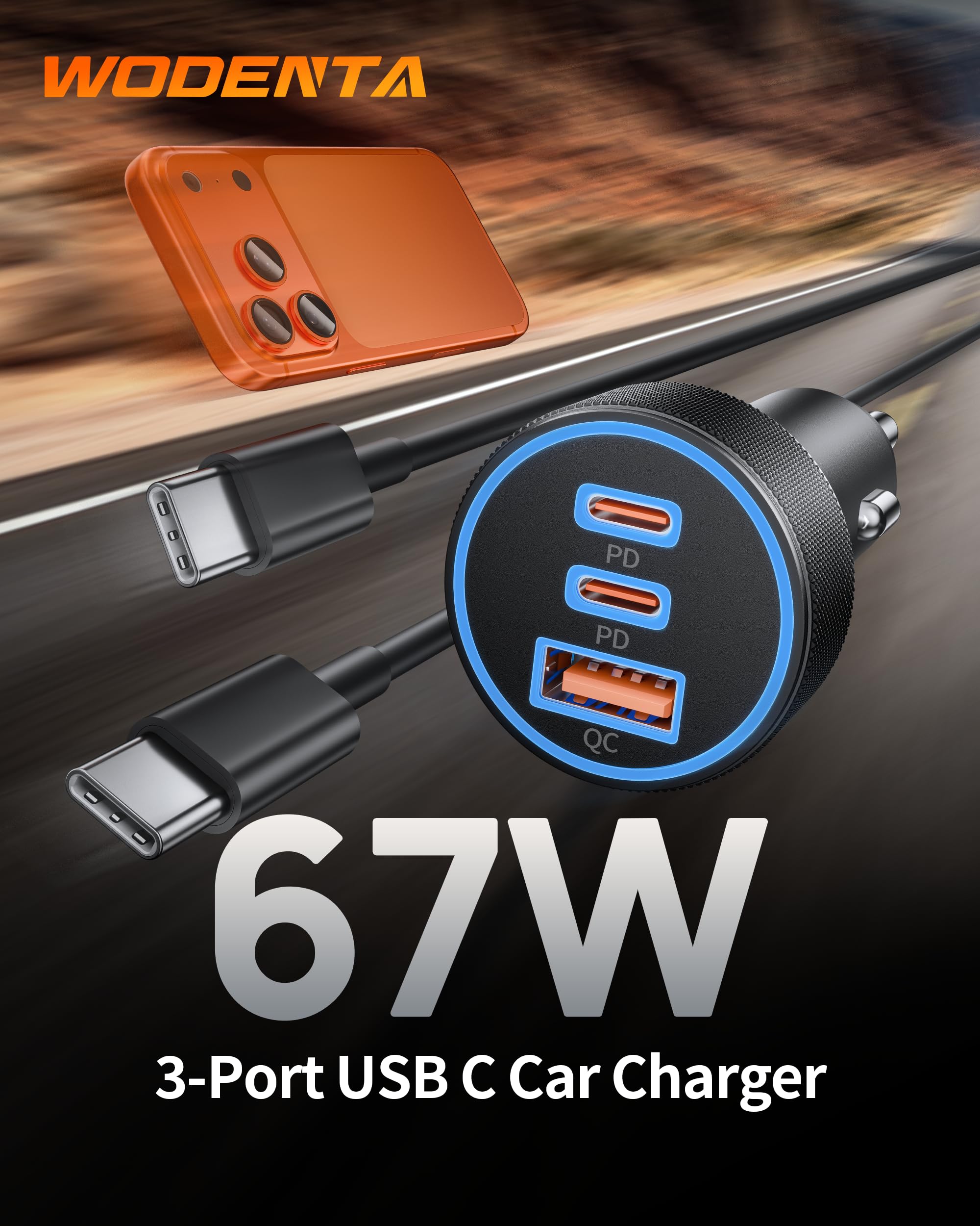 WODENTA Cargador de coche para iPhone 15/16 Pro Max, 67 W, 3 puertos, cargador rápido USB C, adaptador de encendedor de cigarrillos con cable USB C a C de 3 pies para iPhone 15/16/Pro Max/Plus/16e