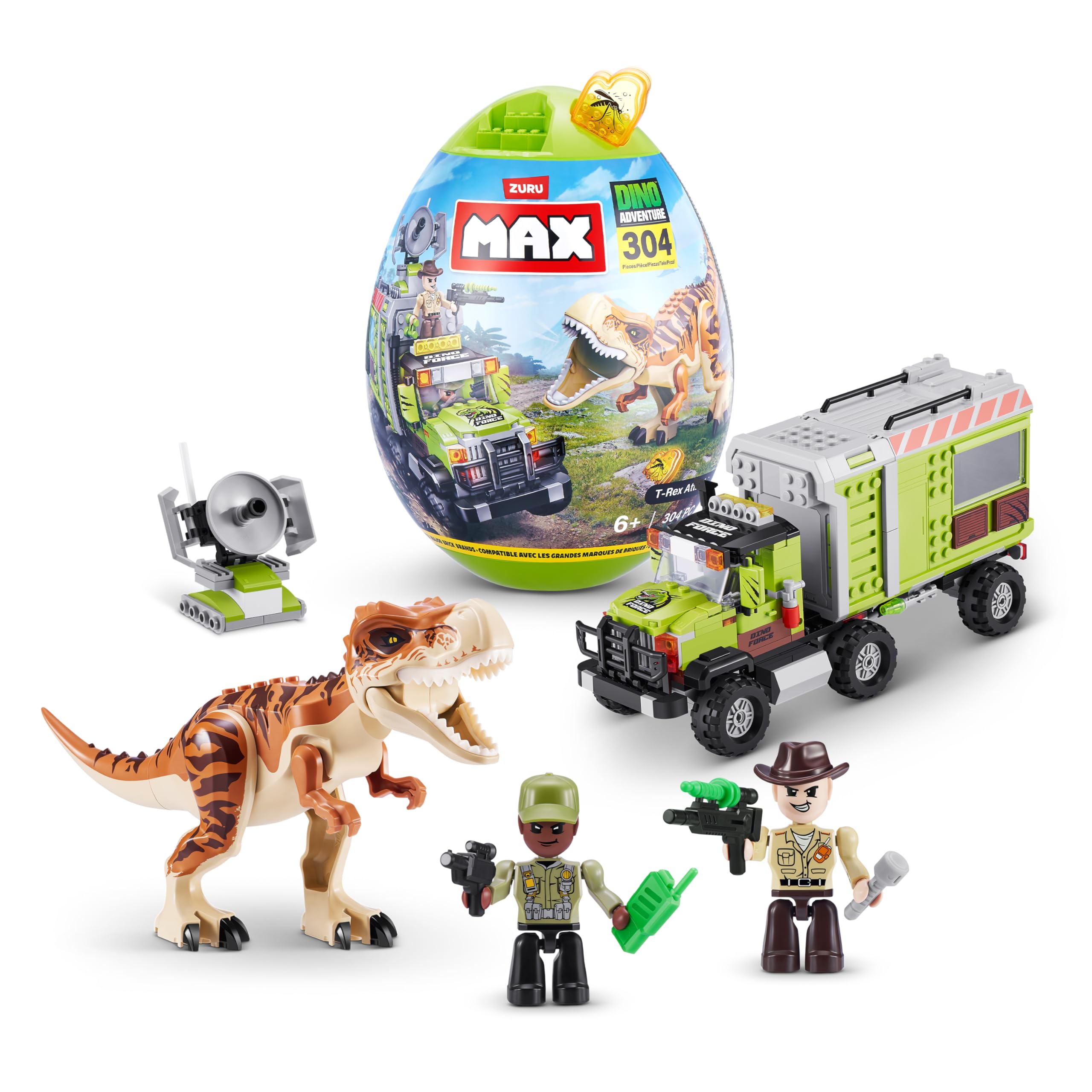 ZURU MAX Build More DINO ADVENTURE T-Rex Attack 304pcs/ 9.01" Egg Capsule for Ages 6+