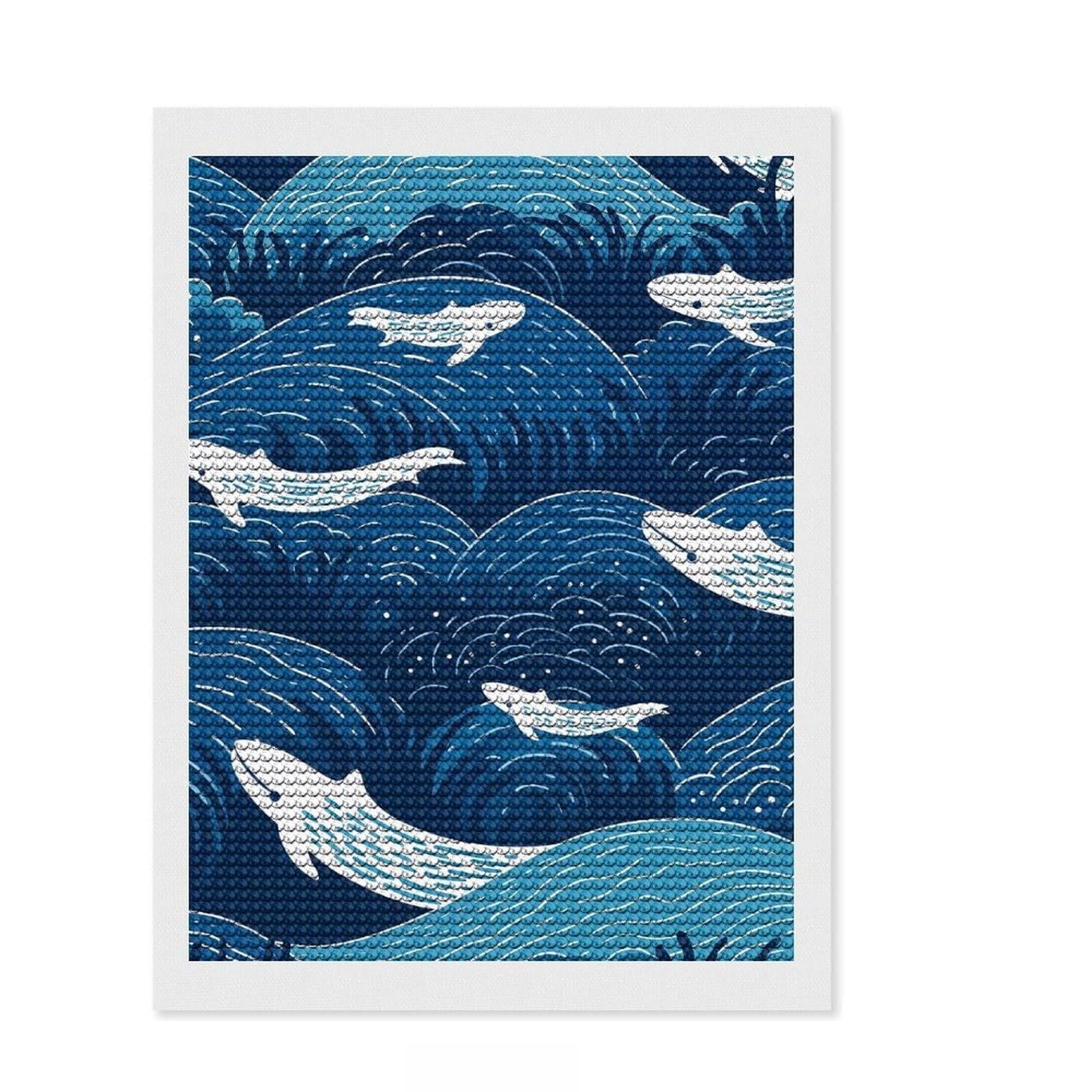 Junmoney Swimming Baby Whales Diamond Art Canvas 12"x16", Relaxing DIY Hobby, Satisfying Creative Project, Farmhouse Decor, for Women