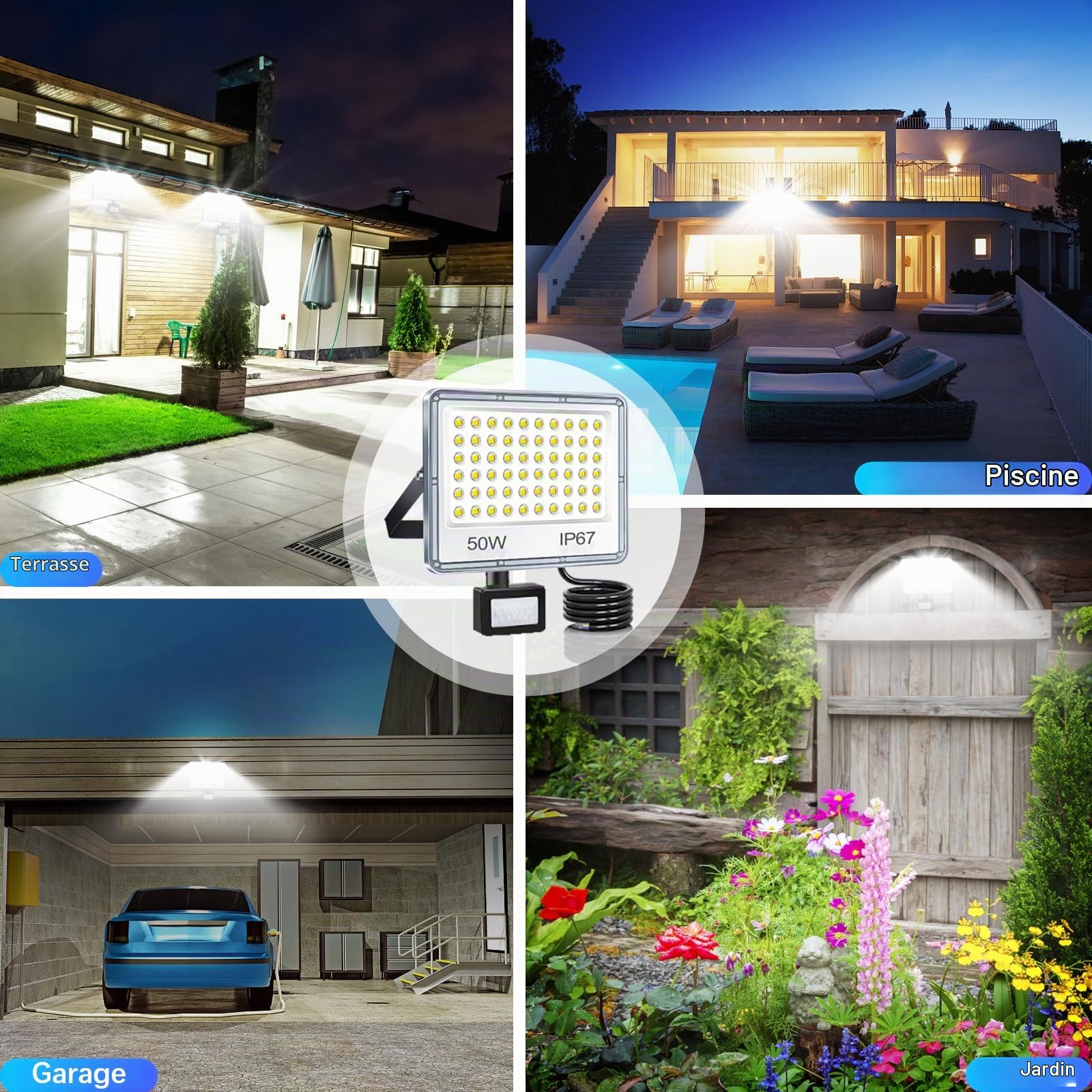 Projecteur LED Extérieur avec Détecteur 50W,5000LM Spot LED 2 Pièce