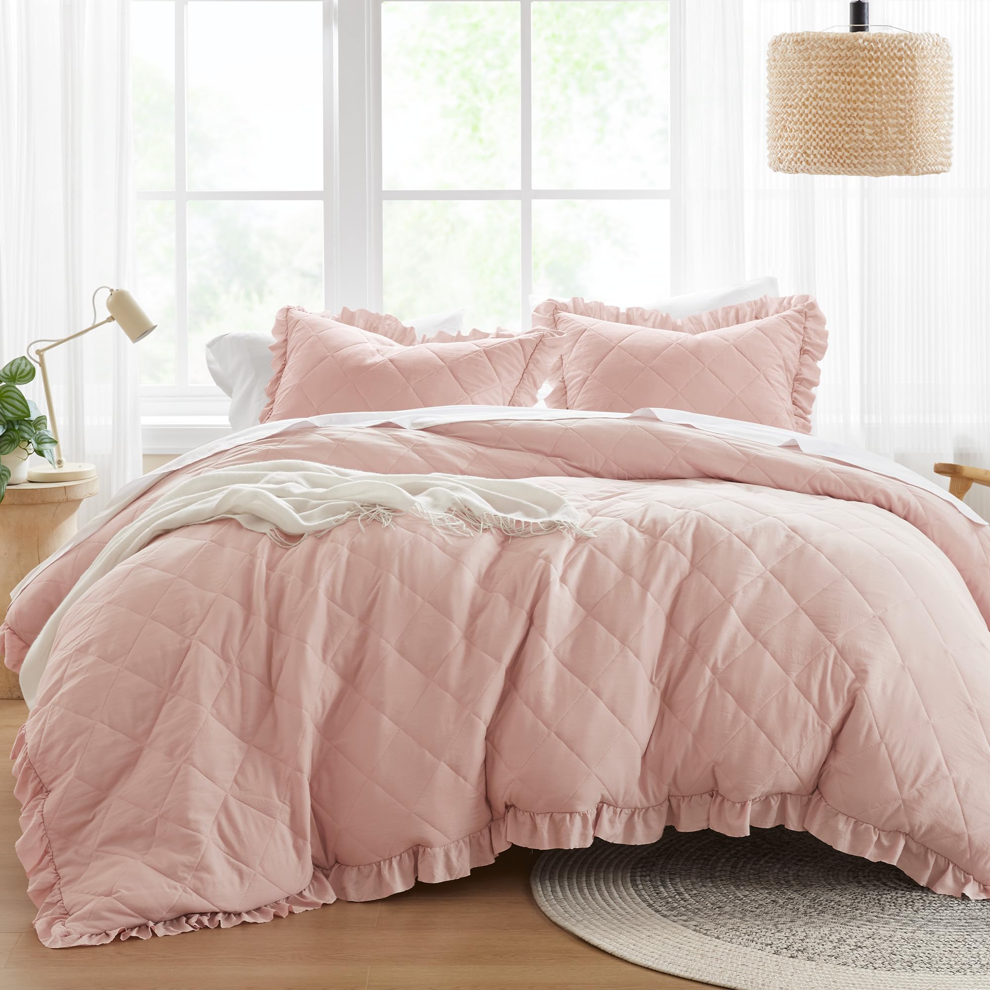 Comfort Spaces Blush King Duvet Cover Set - 3 Pieces Ruffle Diamond Quilted Duvet Cover, All Season Lightweight, Cotton-Like Softness Pre-Washed