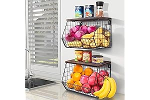 2Pcs Fruit Basket Kitchen Storage Wire Baskets with Wood Lid