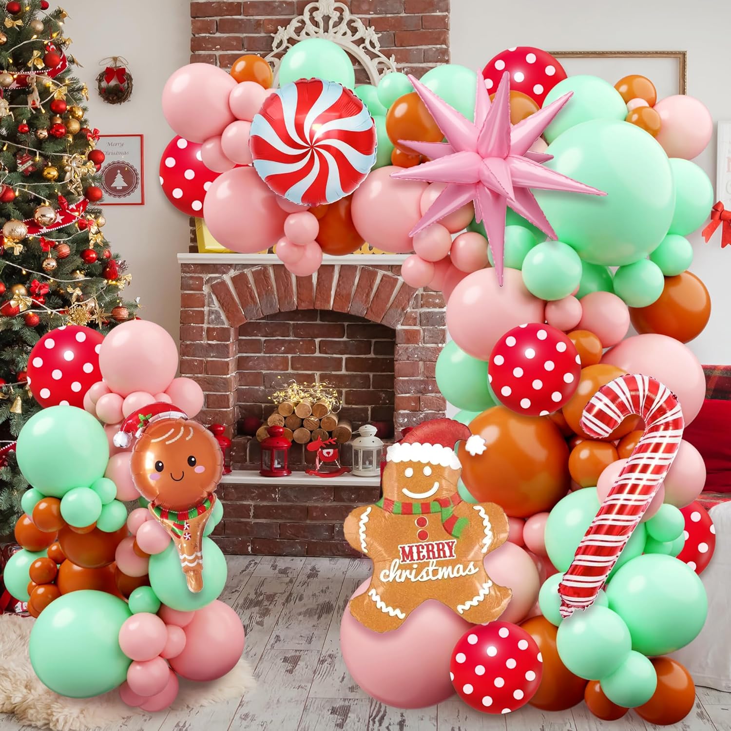Christmas Gingerbread Balloon Arch Kit,184 Pcs Pink and Green Xmas Balloon Garland Arch with Cookie Figure, Candy and Snowman Balloons for Christmas Party Decorations, Xmas Holiday Event Supplies - Image 2