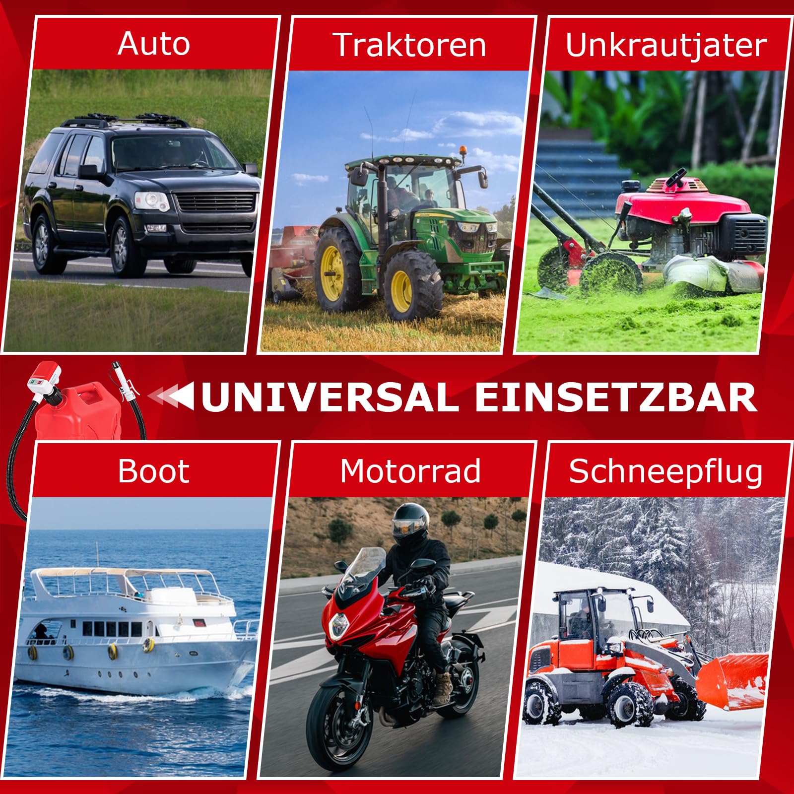 innhom Kraftstoffpumpe Elektrisch, Effiziente und sichere Benzinpumpe Für Kanister Kanisterpumpe mit Überlaufschutzsensor - mit 4 Größenadaptern Schlauch 2.8 GPM für Traktor Generator (Rot)