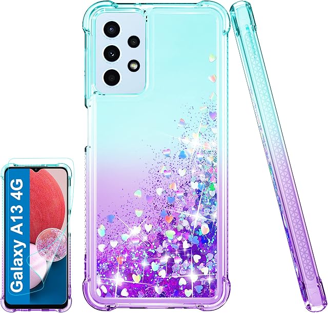 Pilaru Compatible with Galaxy A13 4G Case with Screen Protector Clear Liquid Glitter Soft TPU Bumper Cover Transparent Girly Protective Phone Case for Samsung Galaxy A13 4G,Teal/Purple