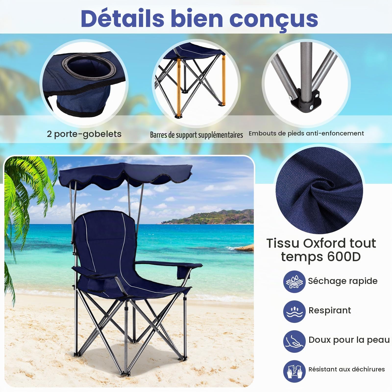 RELAX4LIFE Chaise de Camping Pliante avec Toit Parasol,Porte-Boisson, Chaise de Pêche en Cadre Métallique Charge Max 120 kg pour Camping Pêche Excursion Plage (Bleu)