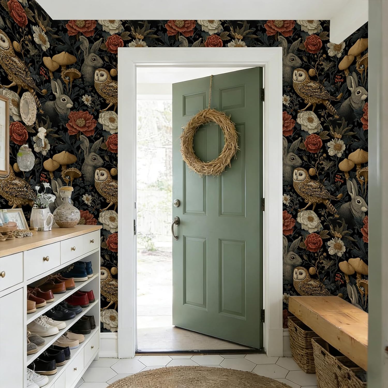 Vintage Animal Botanical Wallpaper Self Adhesive Peel and Stick 17.72" x 118.1'' Owl Rabbit Flower Mushroomn Dark Forest Accent Removable Waterproof Renter Friendly for Bedroom Reading NOO